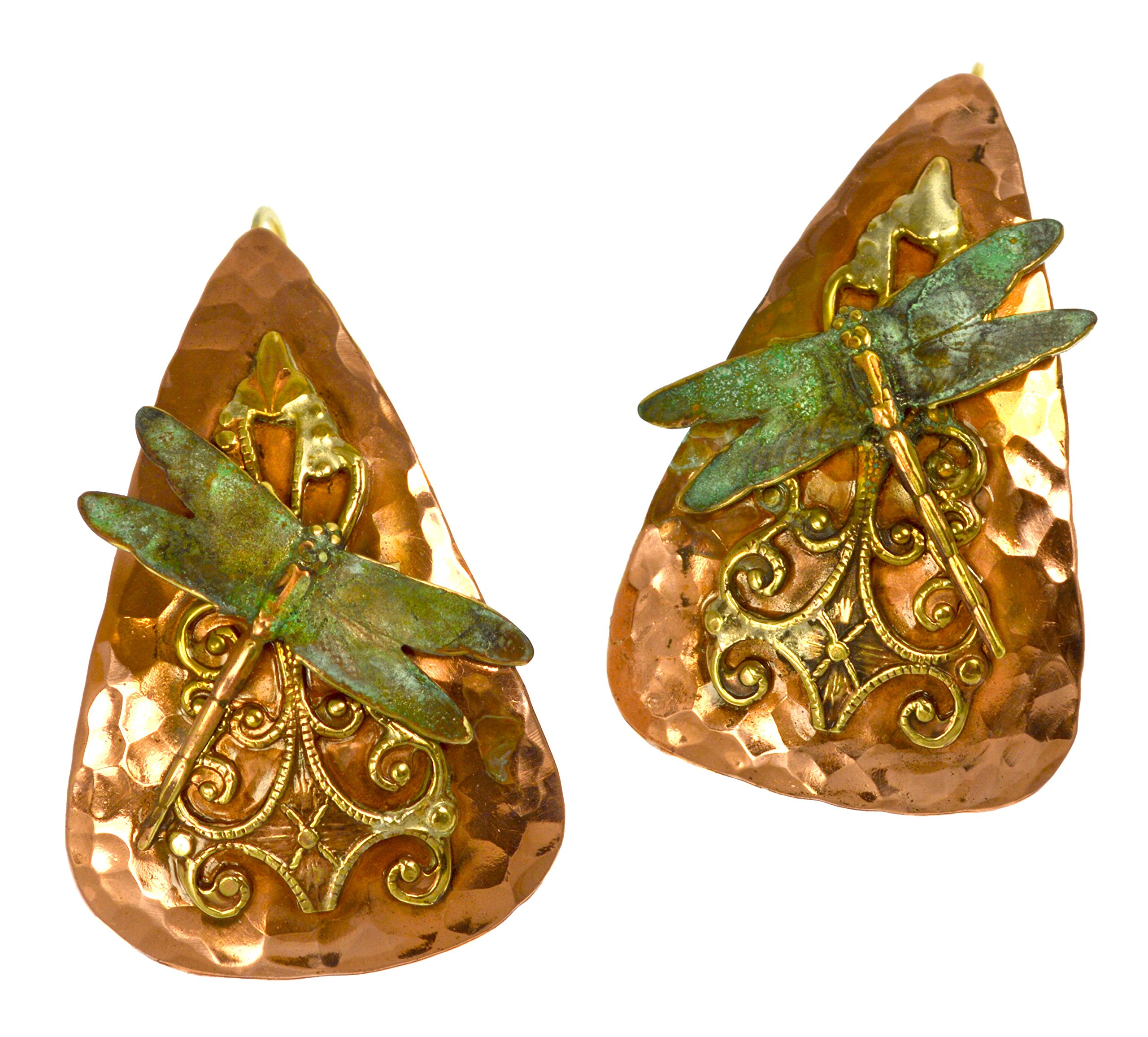 Elaine Coyne Patina Neo-Victorian Dragonfly on Filigree Brass and Hammered Copper Teardrop Earrings