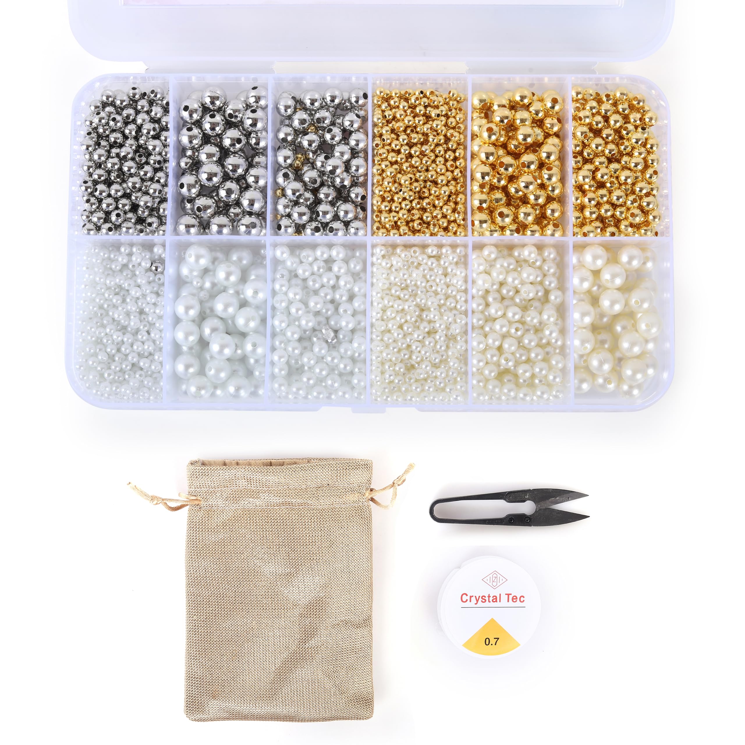 ambitieux Kids' Beading Craft Kit – Create Your Own Bracelets & Necklaces! Includes 12 Assorted Bead Colors, 0.7m Elastic, Thread Cutter, & Jute Bag – Perfect for Ages 4+ (Golden Silver)