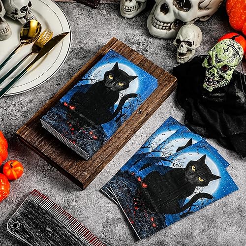 Miniatura 4 de 100 servilletas de fiesta de Halloween de 4 x 8 pulgadas, 2 capas con temática de gato, toallas de papel desechables para cena de gato, para