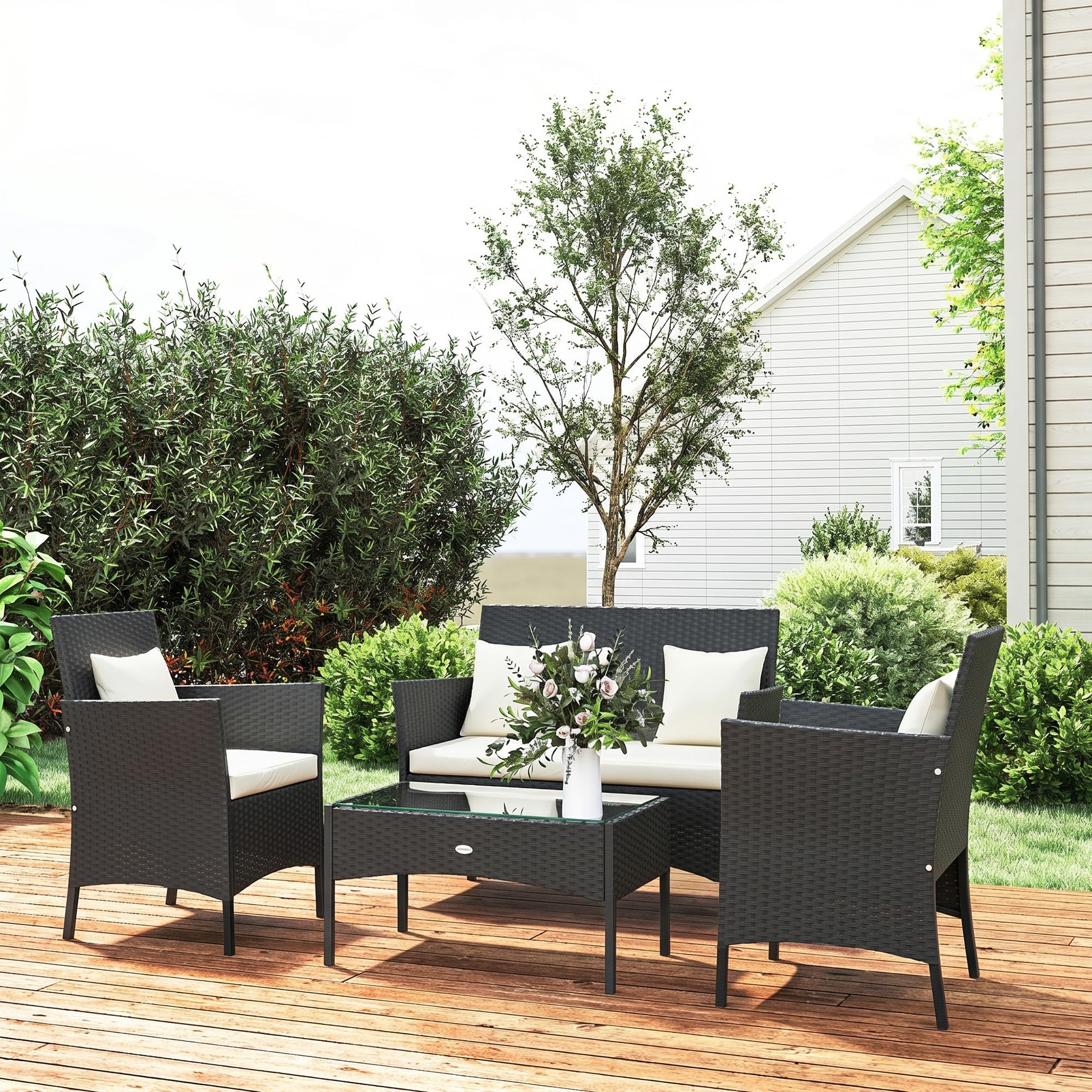 Outsunny Set da Giardino 4 Pezzi in Rattan con Sedie e Tavolino, Nero e Crema