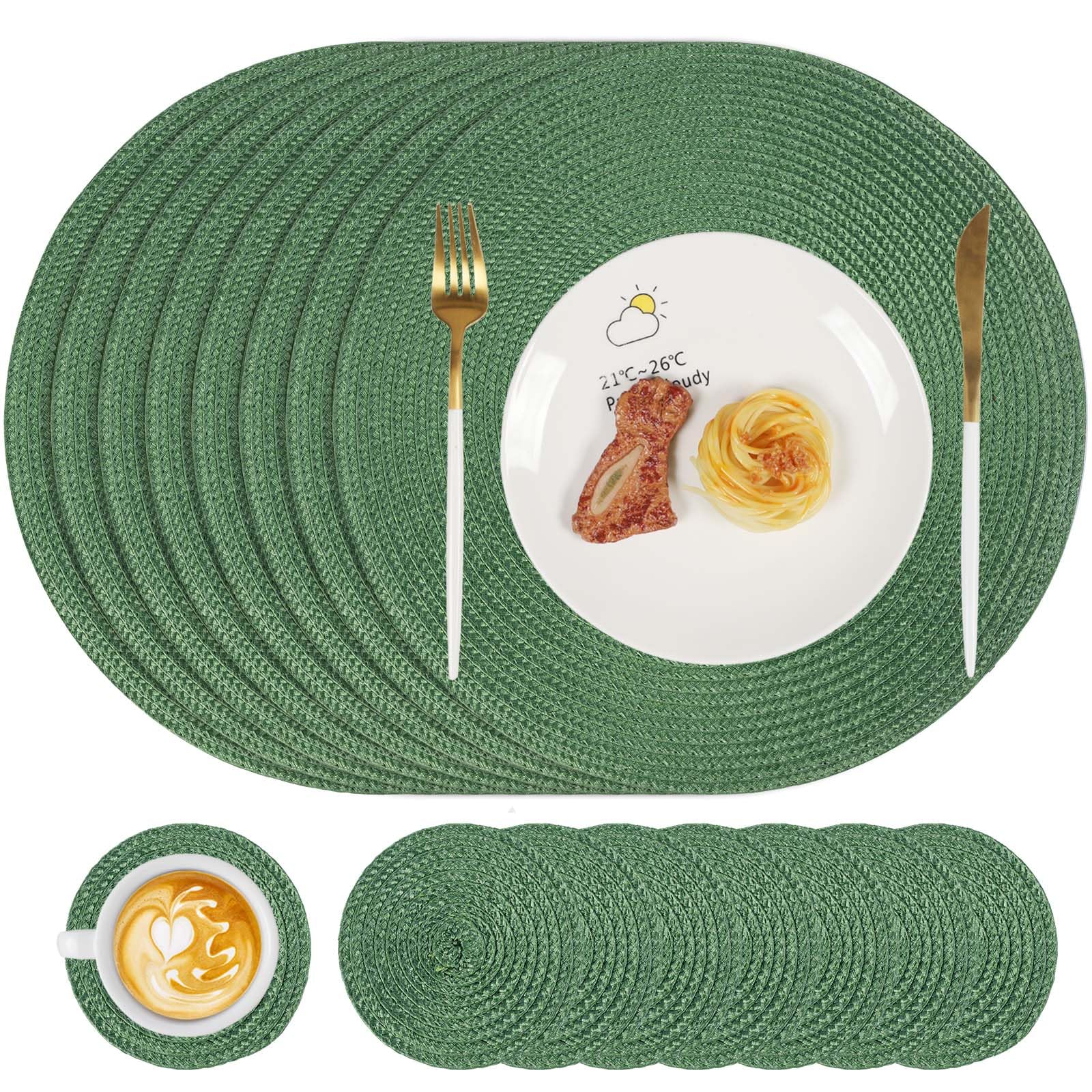 Famibay Placemats and Coasters Set of 8 Round Woven Place Mats Washable Heat Resistant Place Mats Grass Green Table Mats and Coasters for Kitchen Dining Table