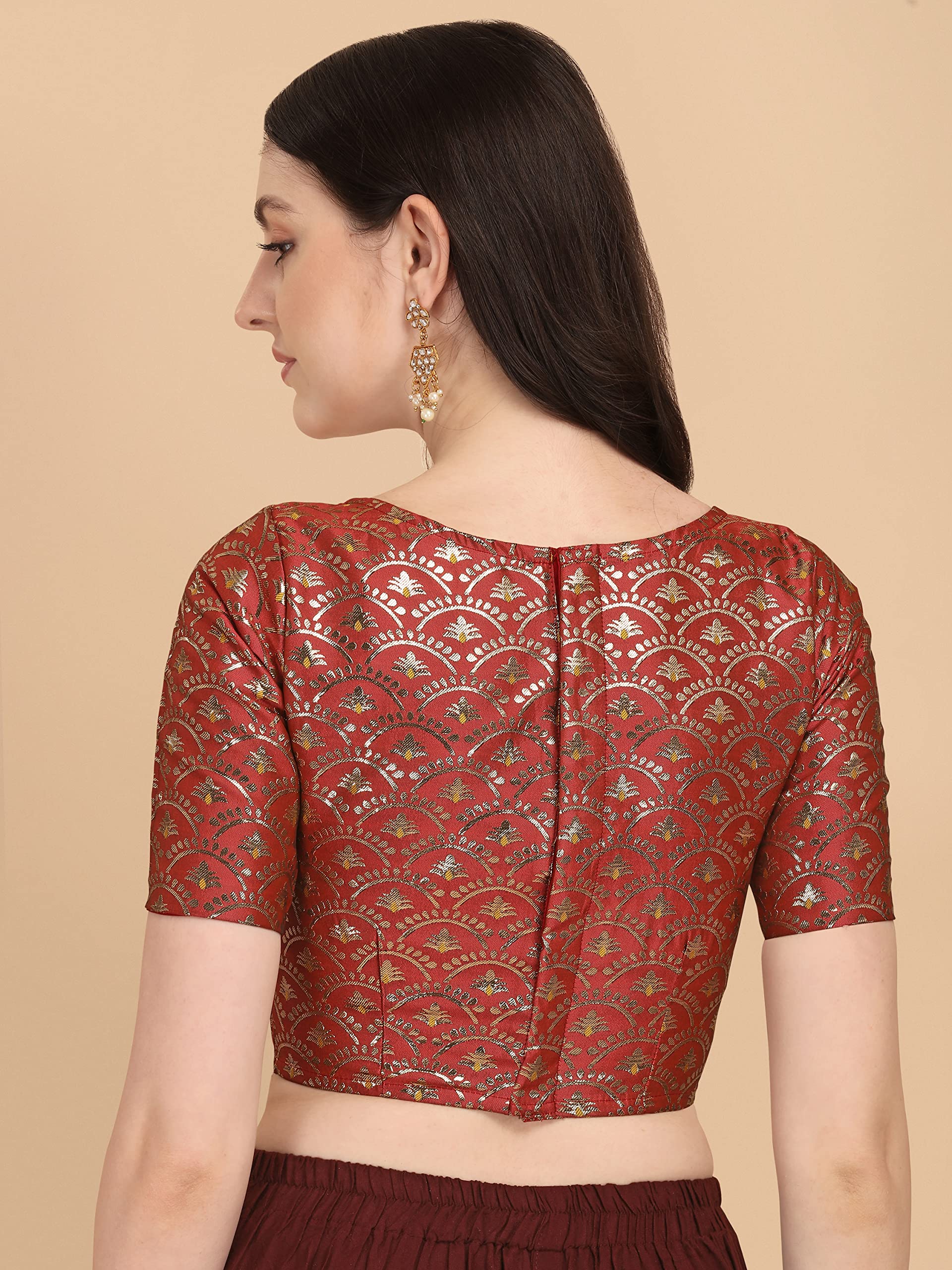 Oomph Women's Indian Ethnic Wear Designer Zari Work Boat Neck Half Sleeve Burnt Orange Color Blouse For Saree Or Lehnga And Palazzos Or Skirts For A Fusion Twist.