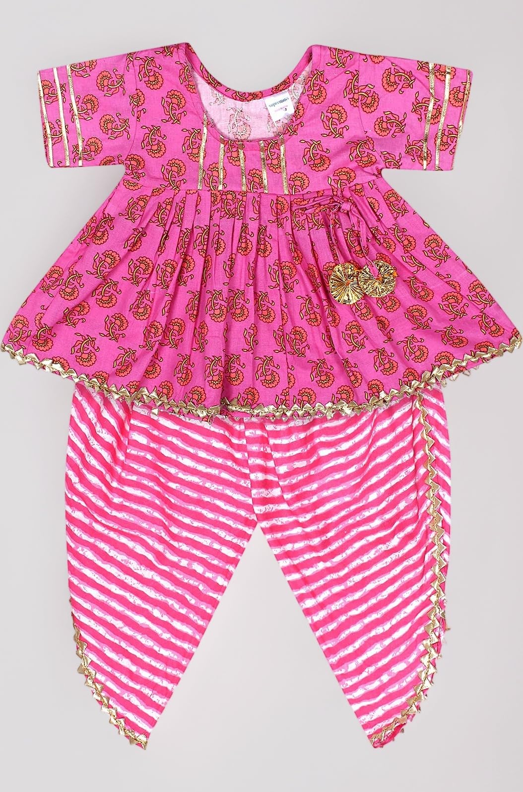 Cotton Blend Baby Girl's Jaipuri Print Frock Style Kurti With Frill Sleeves And Dhoti Style Salwar With Elastic Closure Ethnic Dress Clothing Set