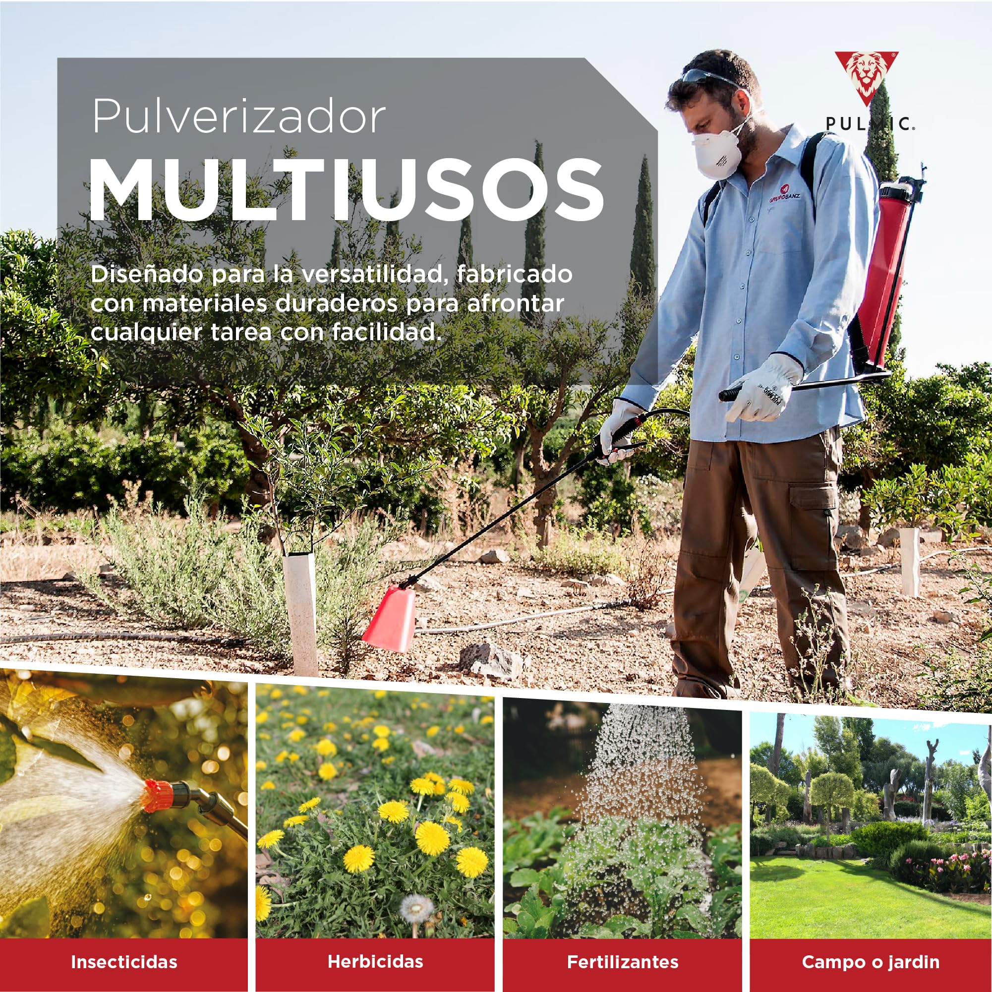 Pulmic Pulverizador Manual de Espalda 16L.Sulfatadora Profesional para Fumigar. Mochila de Pulverizar para Herbicida y Control de Plagas o Insecticida. Lanza Fibra de Vidrio 67cm. Fabricado en España.