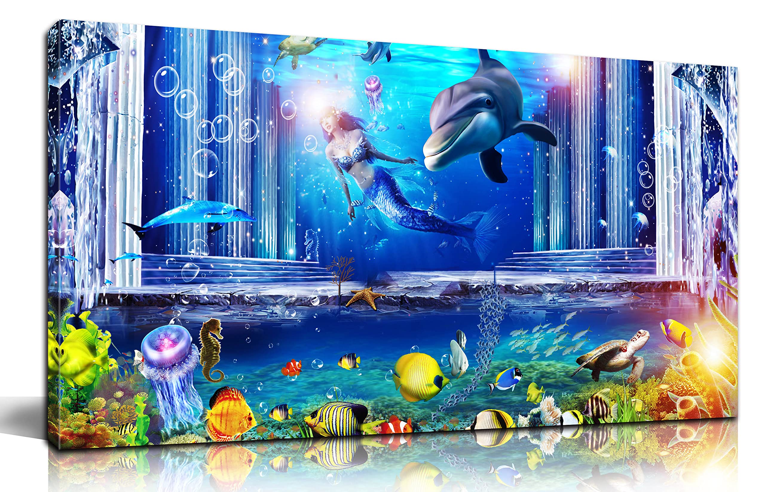 Mermaid Bedroom Decor for Girls - Blue Ocean Canvas Wall-Art for Living Room - Blue Wall Decor Ready to Hang Size 40 x 20 Inch