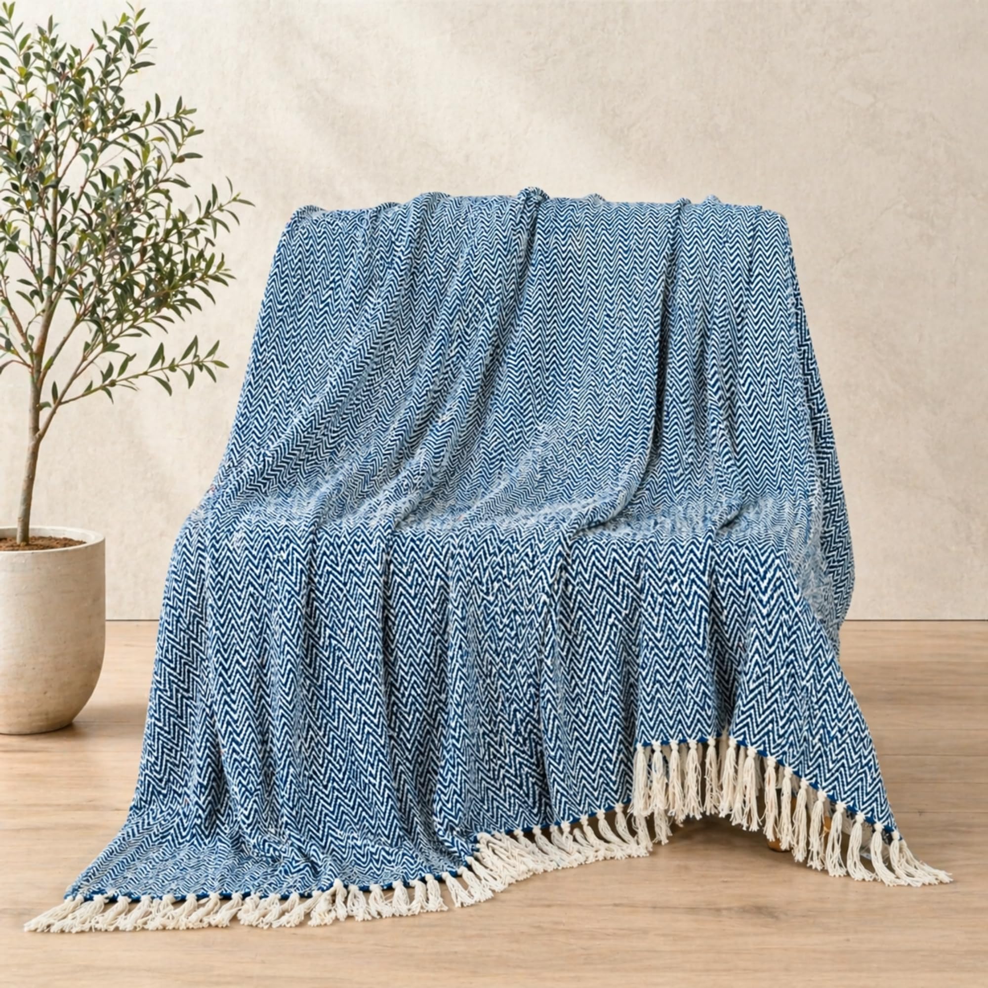 Tarantaran Blue Cotton Herringbone Throw Blanket with Tassels, Cozy Sofa & Bed Cover for Stylish Living Room-image-26