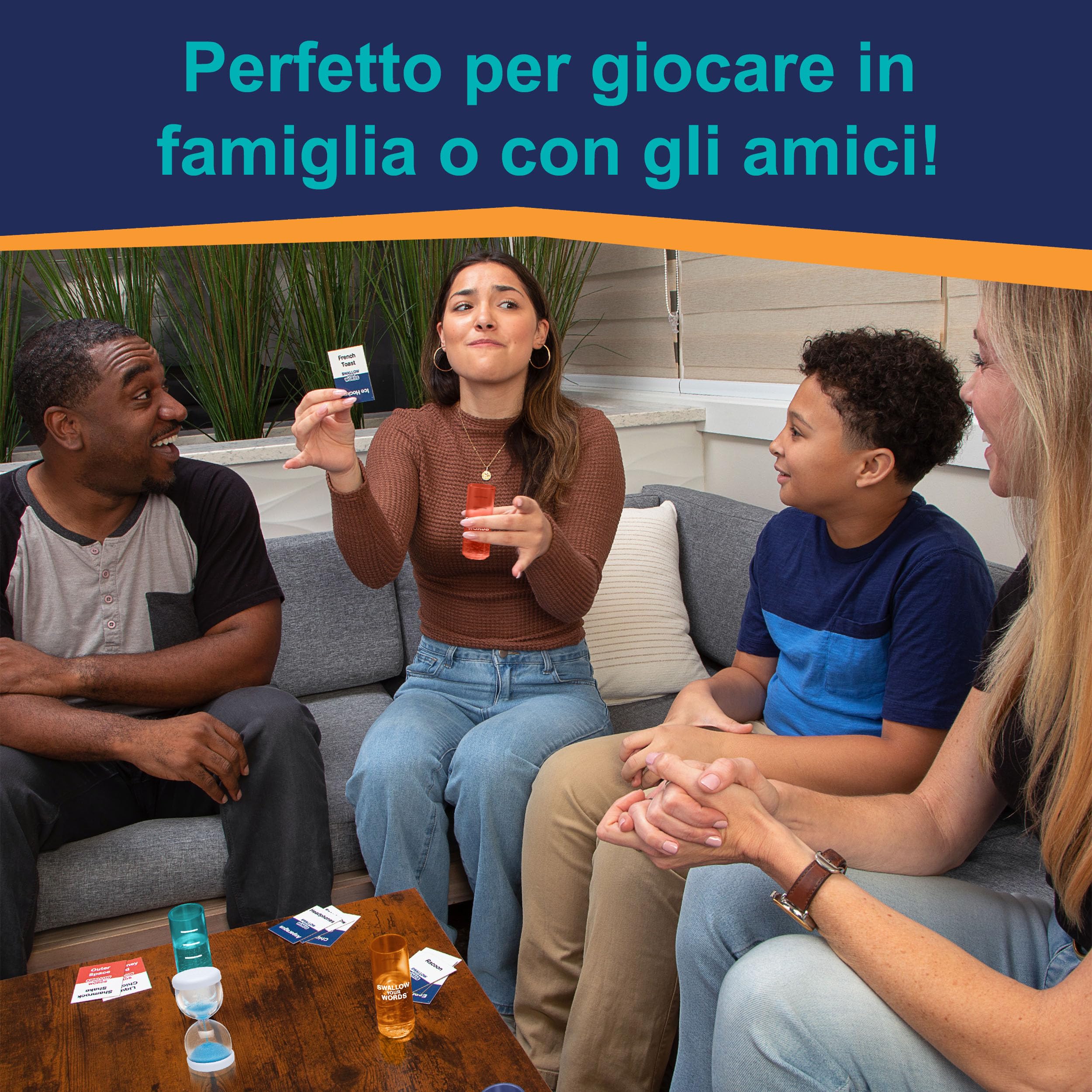 Goliath - ACQUA IN BOCCA - Gioco di Società Divertente per Bambini da 8 Anni in su - Parla con l’Acqua in Bocca - Party Game Esilarante - 2-4 Giocatori - Carte, Bicchieri, Clessidra - In Italiano