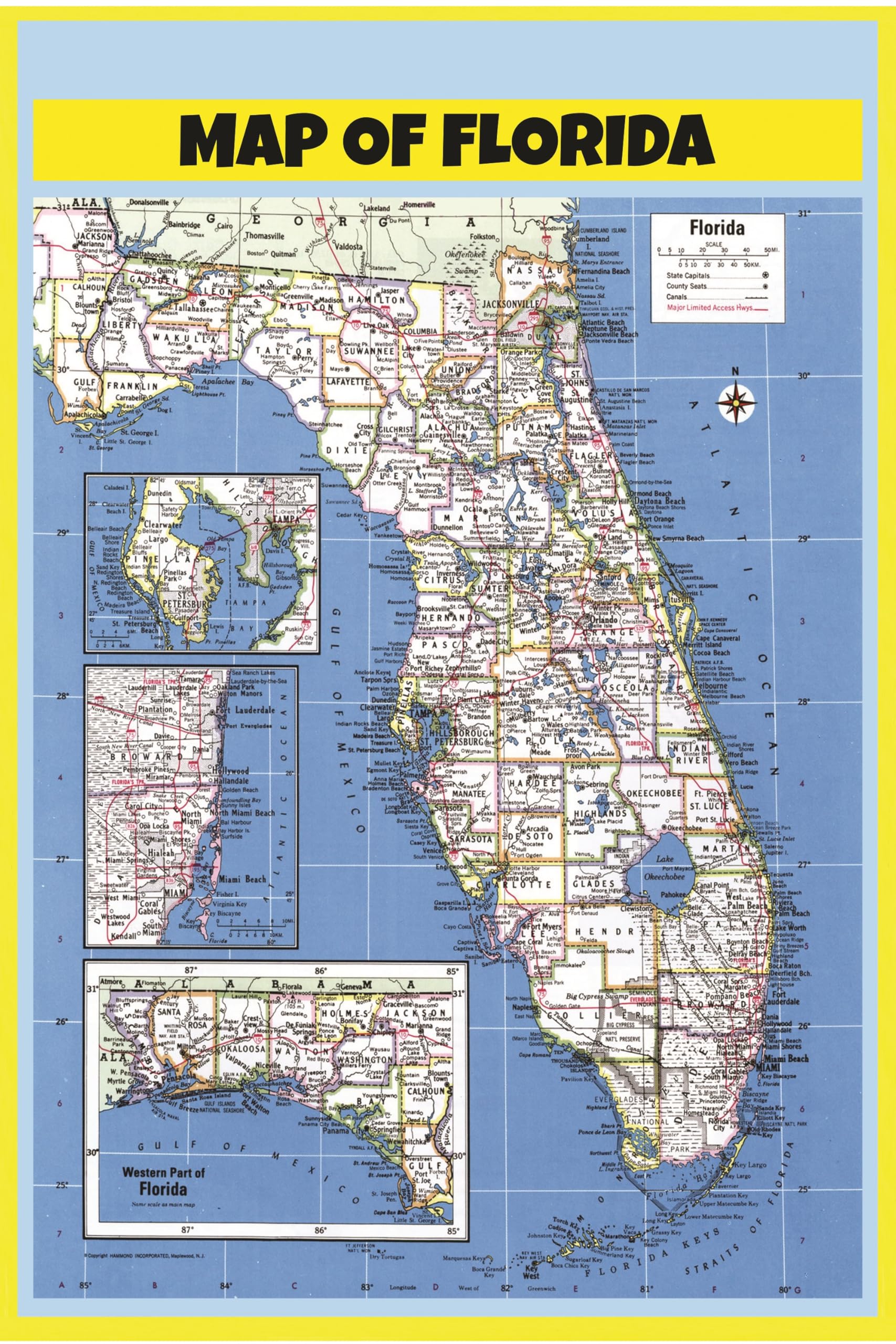 Map of Florida Style B 18x24 - Laminated Wall Map Poster Print Perfect for Classrooms and Homes - Vivid Imagery with Bright Colors