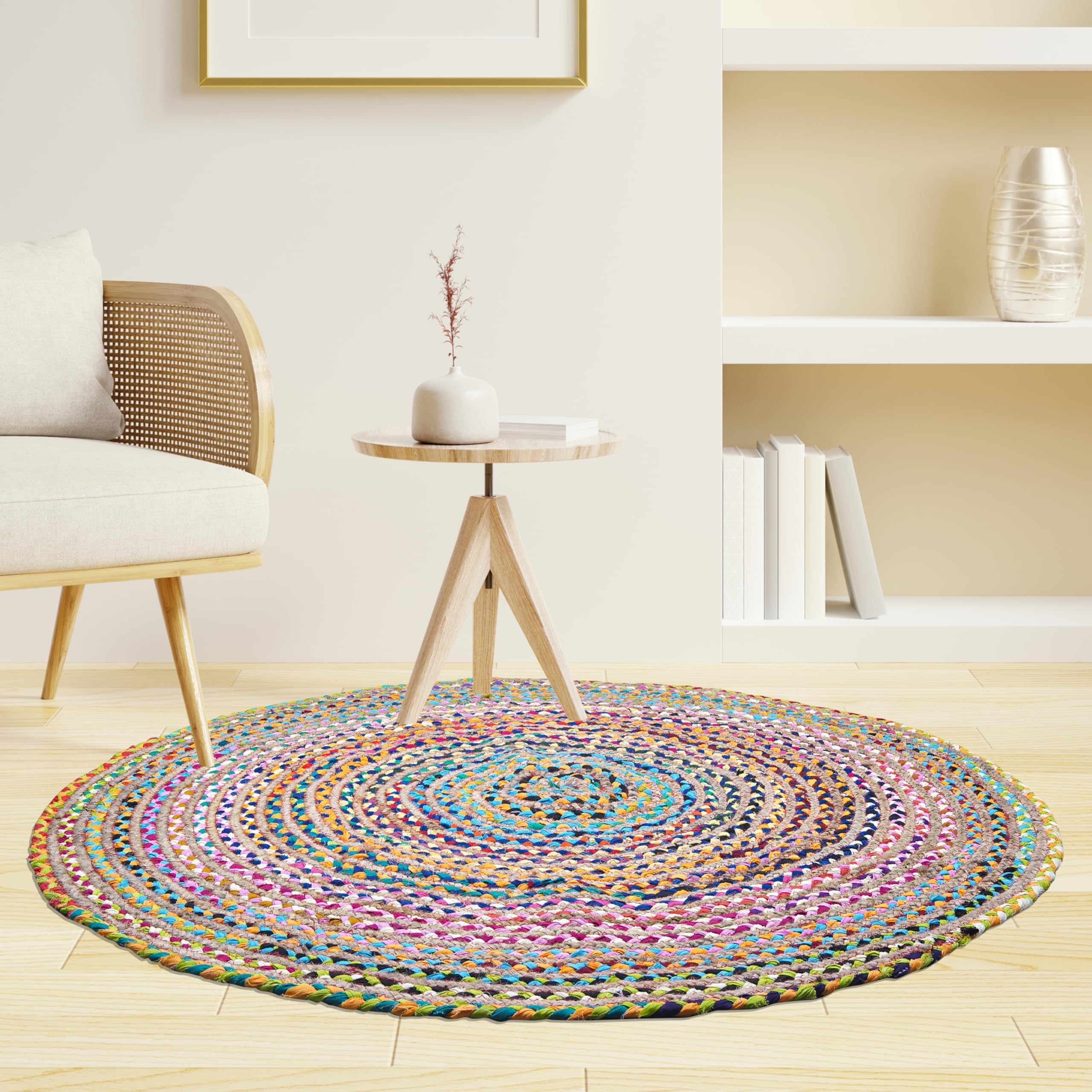 Craft Trade Tapis rond en jute Chindi tressé à la main en style Boho - Tapis réversible coloré pour décoration de la maison de style ferme - Convient pour la cuisine, le salon et la chambre - Rond