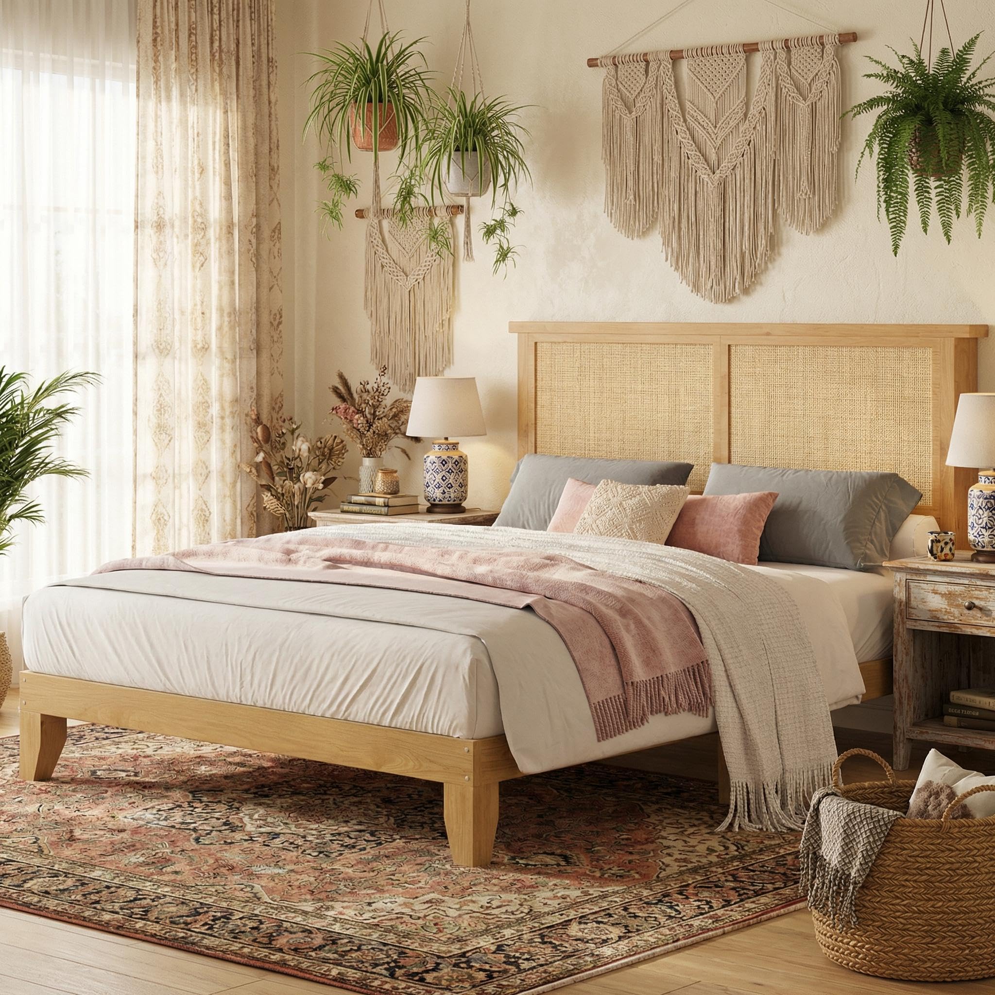 IDEALHOUSE Rattan Bed Frame Full Size with Natural Rattan Headboard & LED Lights, Wood Full Bed Frame with Solid Wood Foundation, No Box Spring Needed