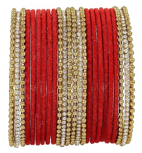 NMII Non-Precious Metal Base Metal With Velvet and Ball Chain Or Zircon Gemstone Studded Worked Bangles Set For Women and Girls
