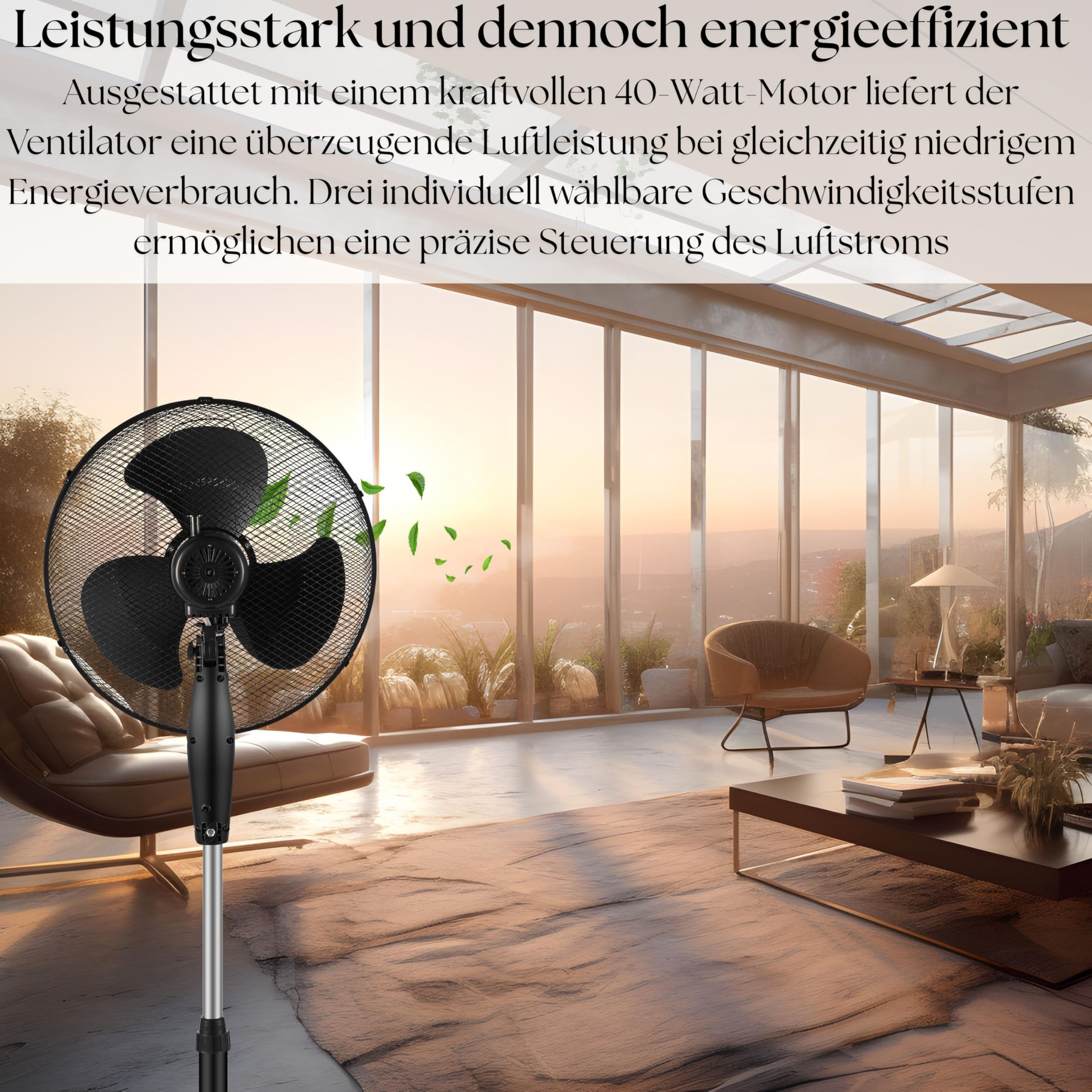 Echos® Standventilator Ø43cm kraftvoller Ventilator sehr leise energiesparend hoher Luftdurchsatz 3 Stufen Oszillationsfunktion 90° höhenverstellbar Bodenventilator mobiler Luftkühler Standlüfter