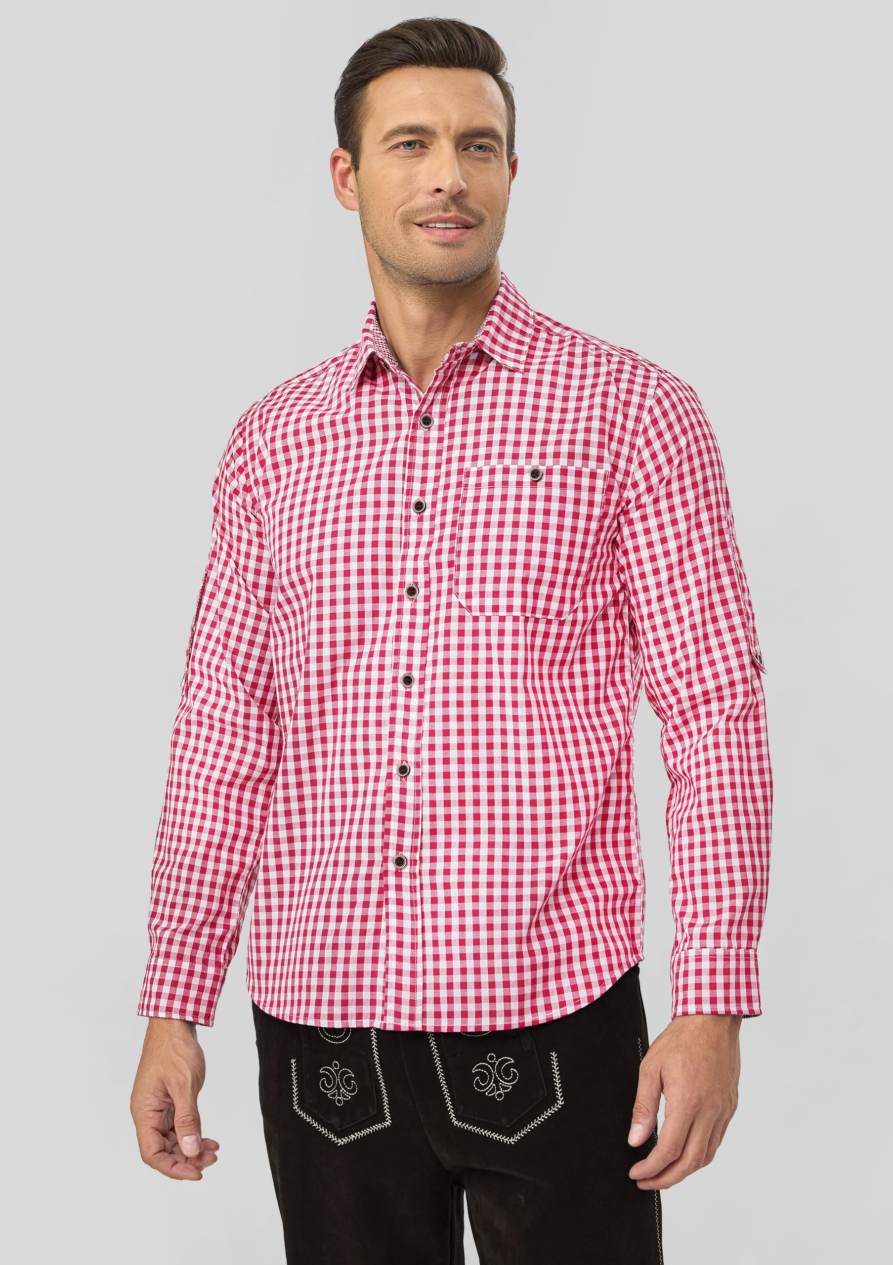 AMZHOTER Camicia da Uomo per Oktoberfest Camicia a Quadri Maniche Lunghe per Costume Tradizionale Maniche Corte in Cotone Blu Rosso Verde