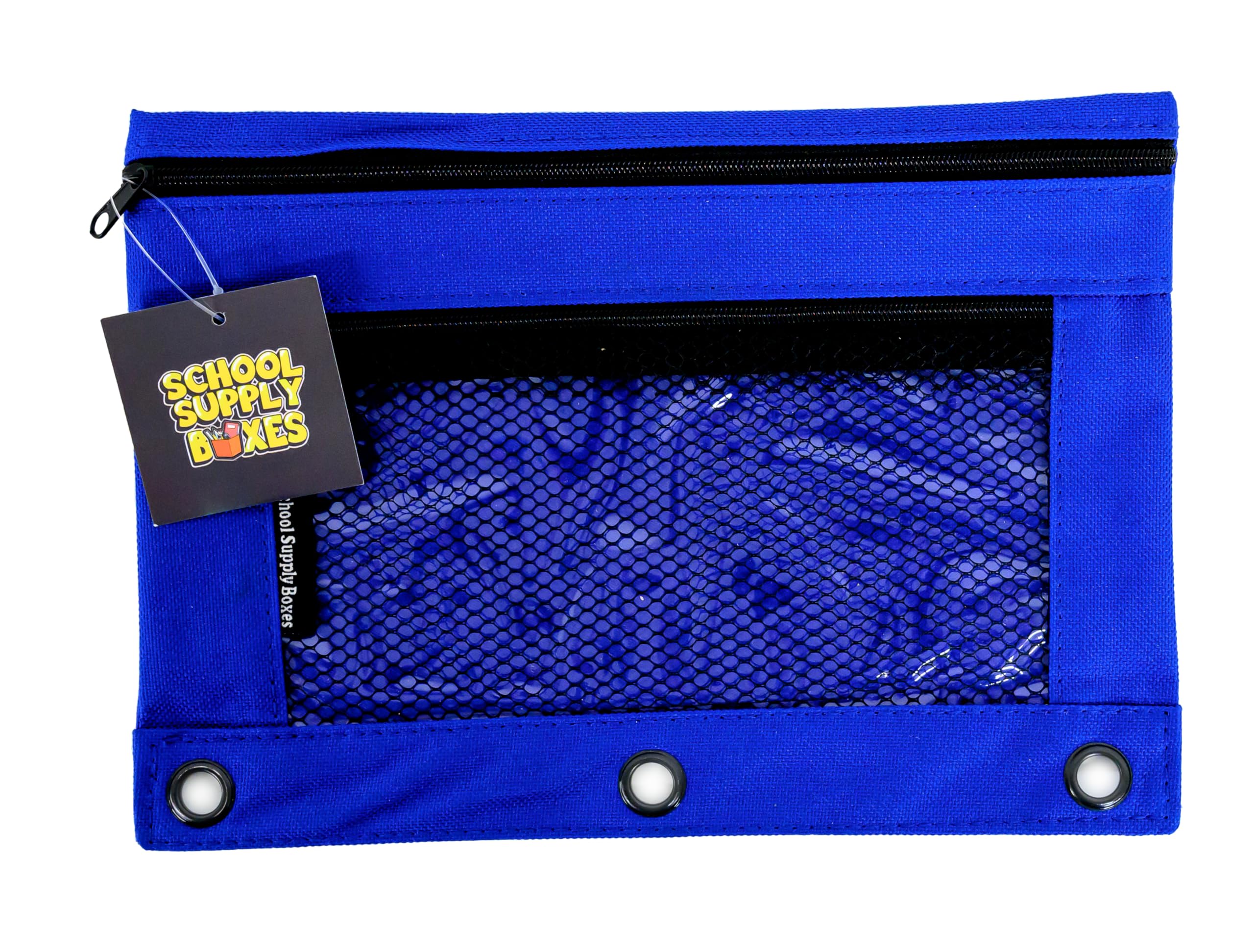 Blue Two-Pocket Pencil Bag - Pack of 12 - Featuring Dual Zippers, Clear Front Window, Metal Grommets for 3-Ring Binders – School & Office Supply Pouch