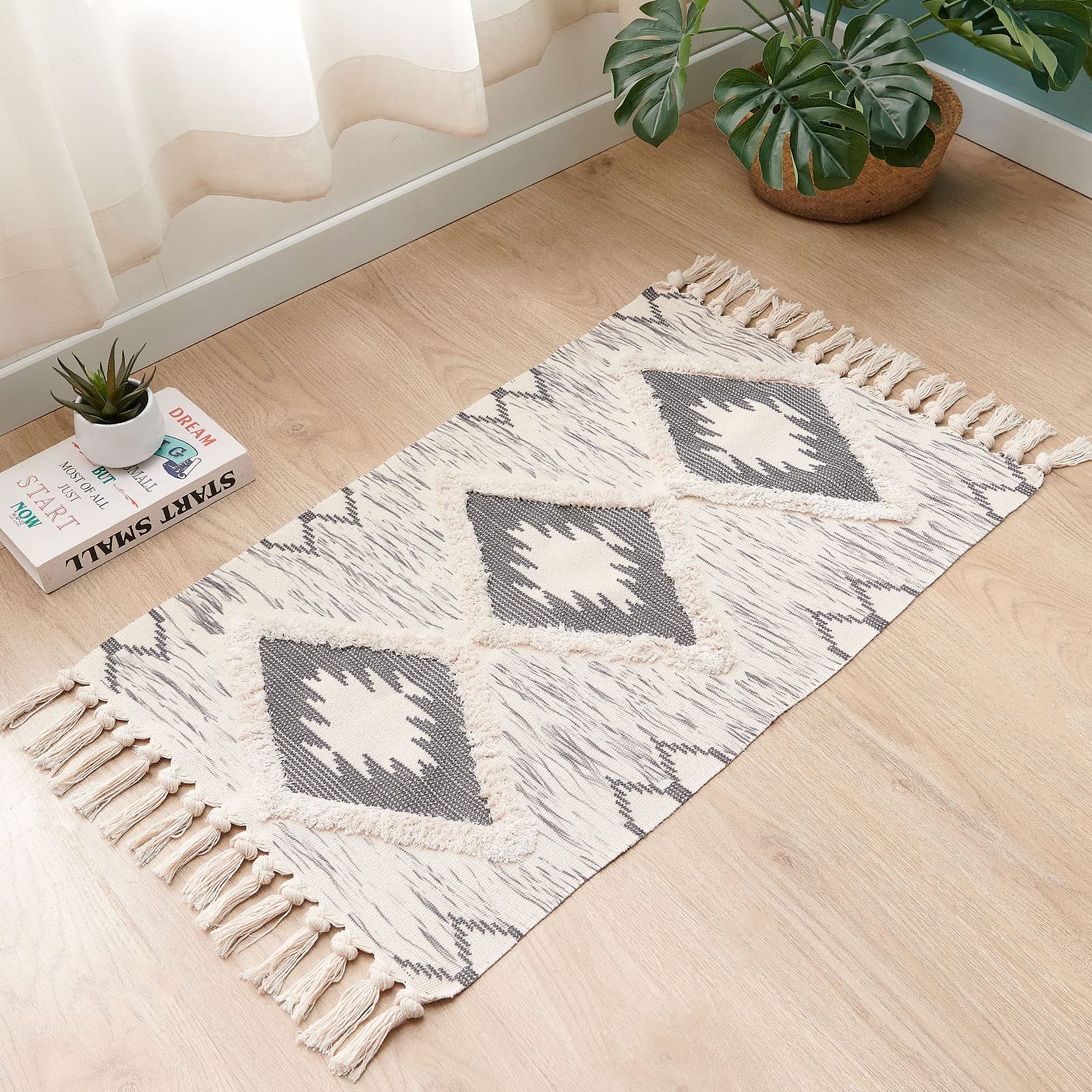 Tappeto in cotone trapuntato, lavabile con nappe, copriletto geometrico shag, in tessuto bohémien, per lavanderia/camera da letto (60 x 180 cm, grigio) (EU-JM-SLH)