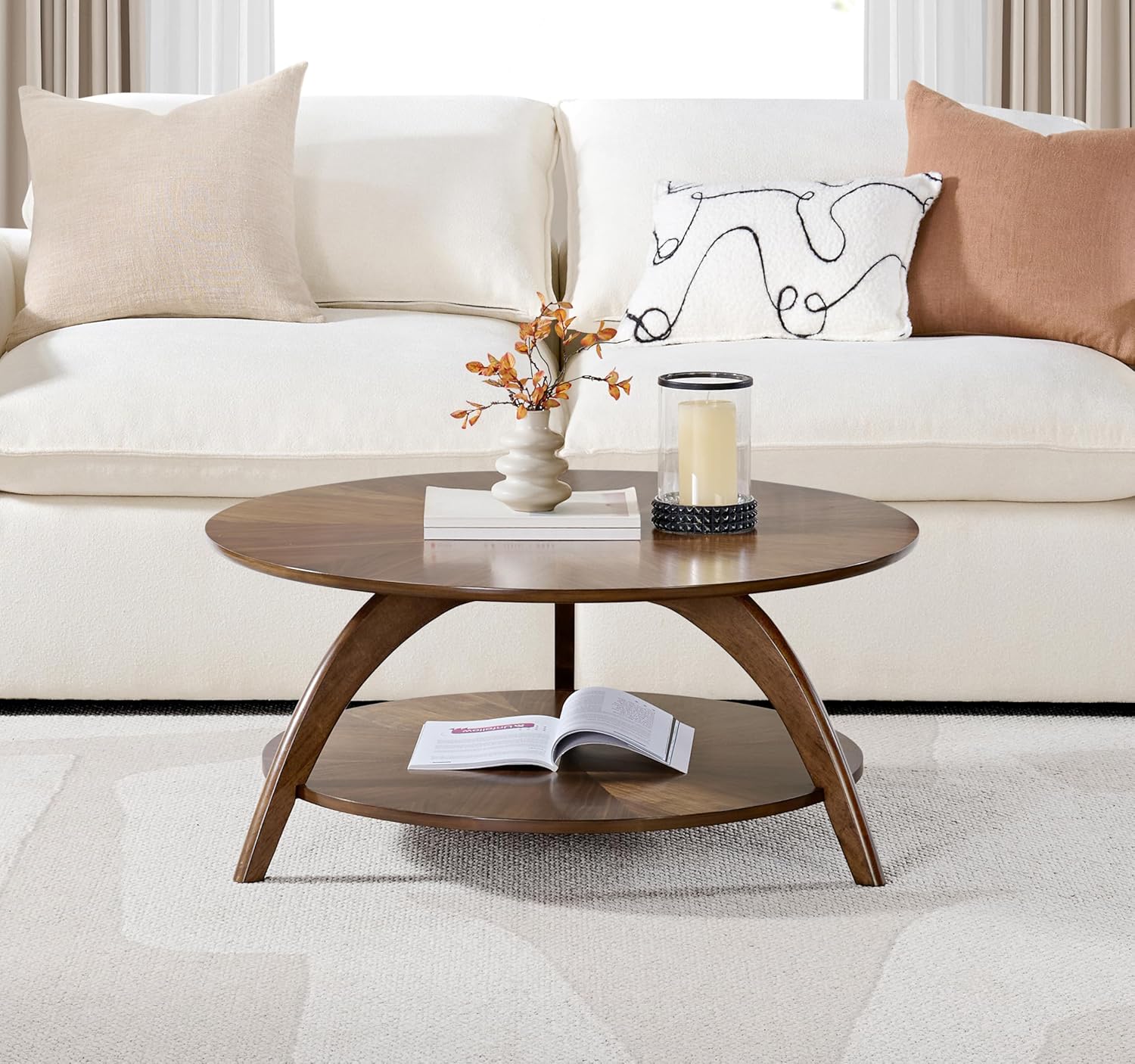 Retro Mid-Century Modern Round Wood Coffee Table with Lower Shelf, Cocktail Table for Living Room or Den. Nutmeg Brown Top with Espresso Brown Legs