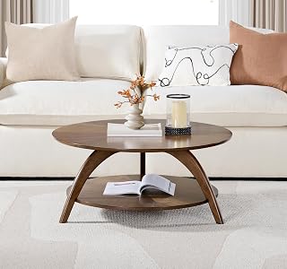 LAX Retro Mid-Century Modern Round Wood Coffee Table with Lower Shelf, Cocktail Table for Living Room or Den. Walnut Brown.