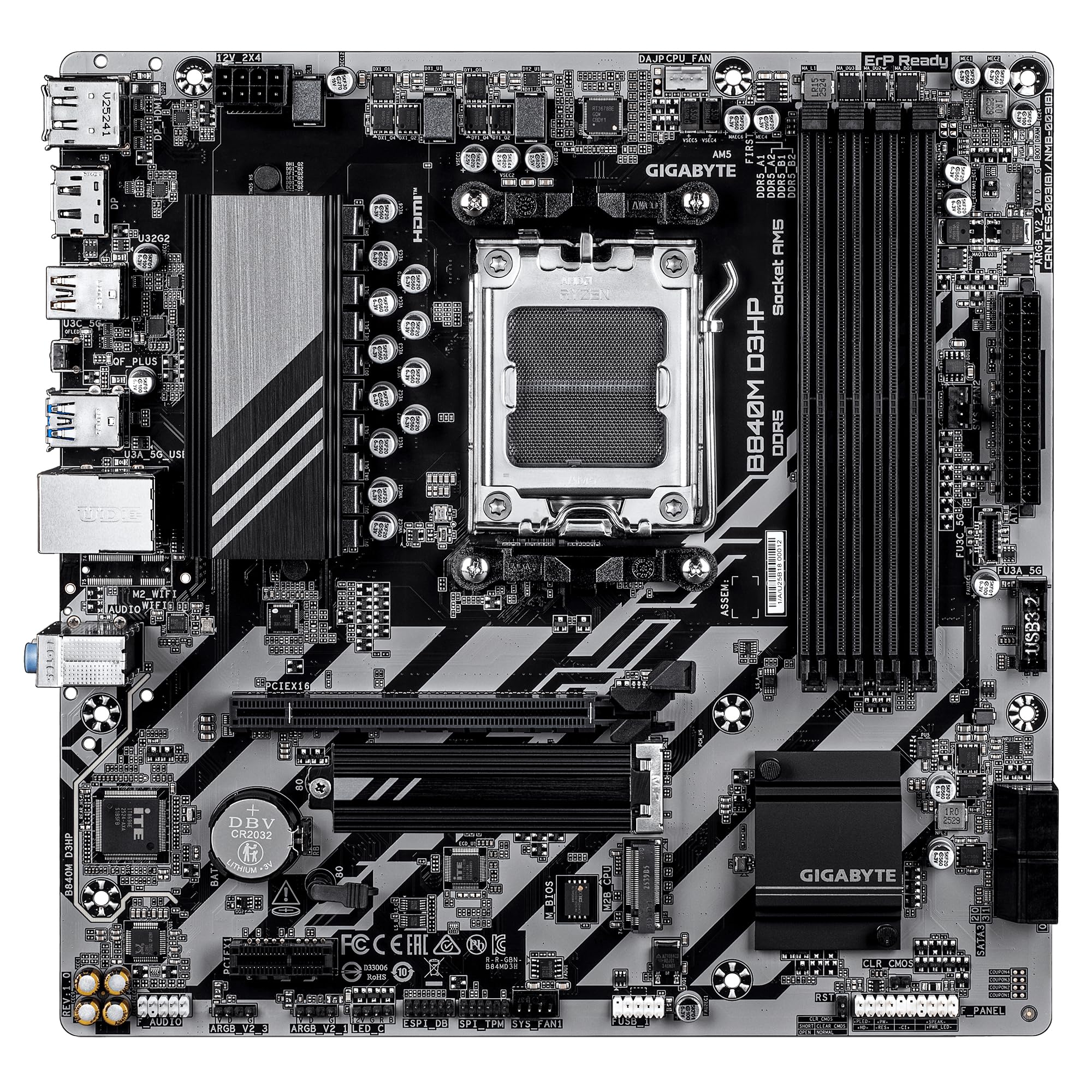 GIGABYTE Płyta główna B840M D3HP - Procesory AMD Ryzen 9000, 8+2+2 fazy VRM, do 8200 MHz DDR5(O.C), 2xPCIe 4.0 M.2, 1 GbE LAN, USB 3.2 Gen 2