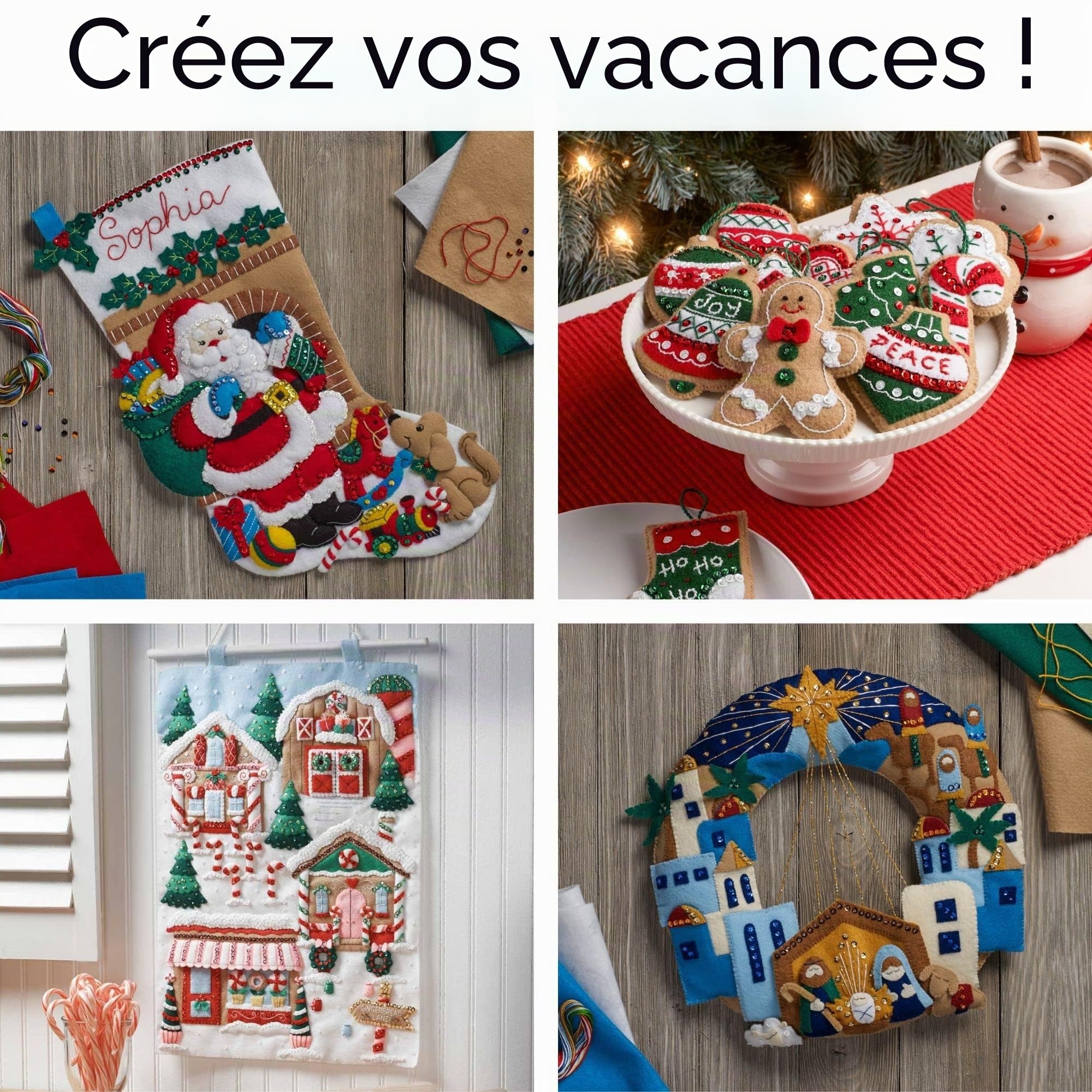 Bucilla 89556E Kit de fabrication de chaussettes en feutre appliqué de 45,7 cm, Père Noël et Jolly Pups, idéal pour les loisirs créatifs