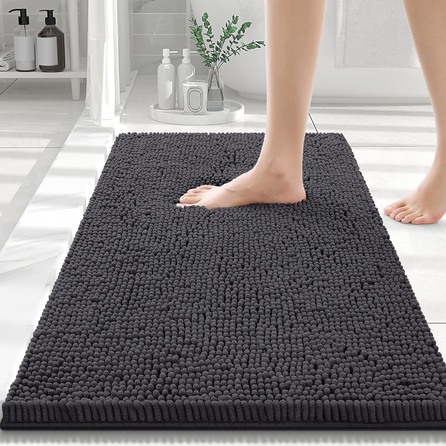Smiry Luxury Chenille Bathroom Rugs 30x20, Extra Soft and Absorbent Shaggy Bath Mat, Machine Washable, Non-Slip Plush Carpet Runner for Tub, Shower, and Floor, Home Decor Accessories, Charcoal Grey 30'' x 20'' Charcoal Grey
