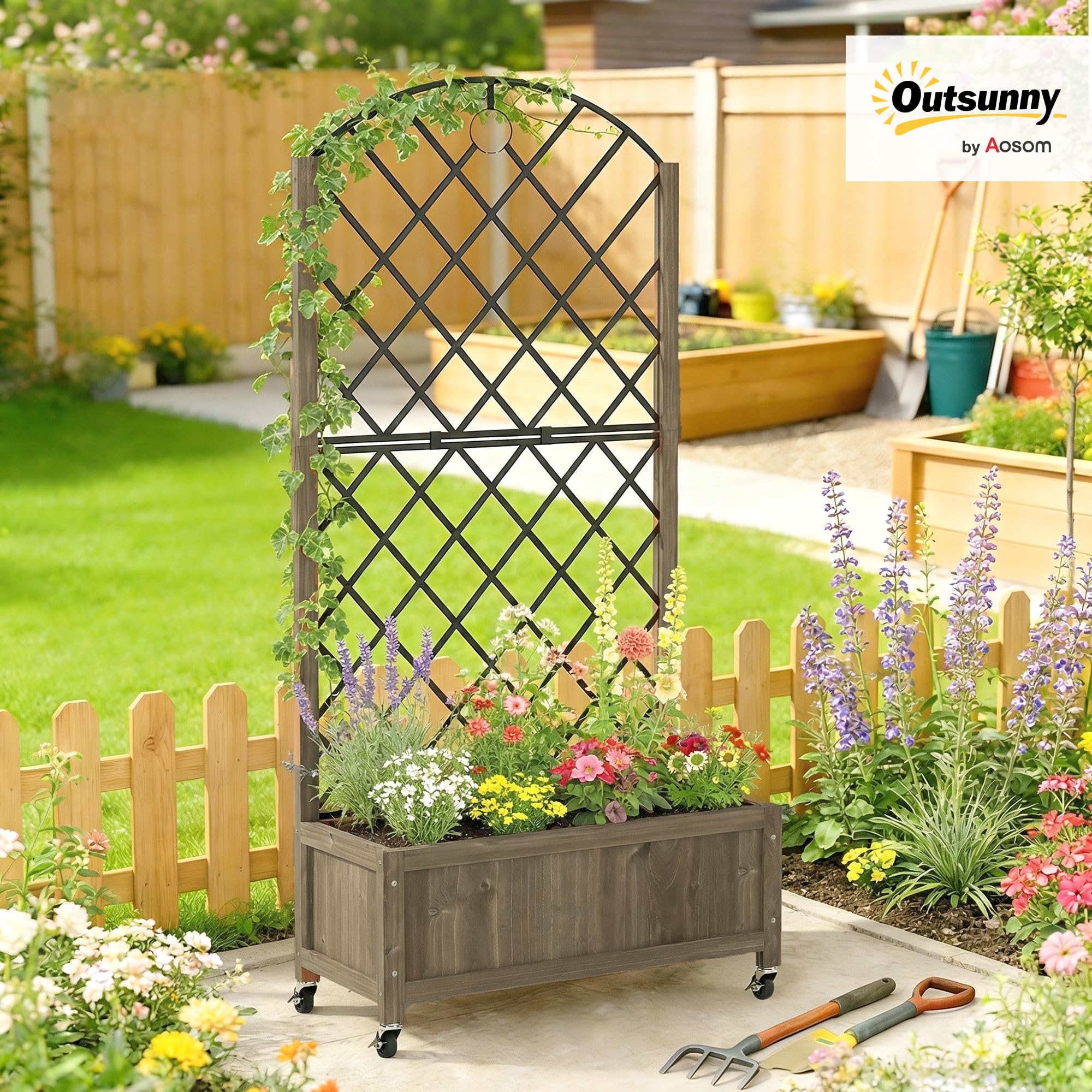 Outsunny Jardinera de Madera con Enrejado Metálico y Ruedas, Jardinera Exterior Grande para Plantas Trepadoras, Macetero Elevado para Patio, Terraza, 72x36x168 cm, Carbonizado