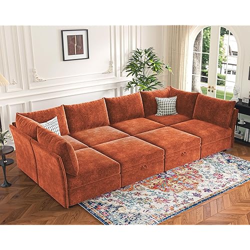 136.4" Oversized Modular Sectional Sleeper Sofa Bed, U Shaped Convertible Couch with Movable Ottoman, Large 8 Seat Corner Couches for Living Room Deep Seat Terracotta Orange Chenille