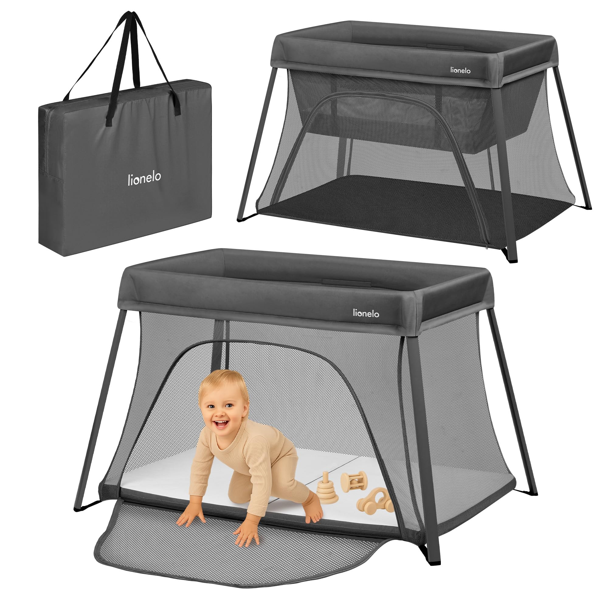lionelo Alice Lettino da Viaggio 3 in 1 – Culla Co-Sleeping e Box Gioco in rete 104×70 cm da 0 a 15 kg con Materasso in Schiuma, 2 Livelli, Compatto, Pieghevole, Entrata Laterale, Borsa da Viaggio