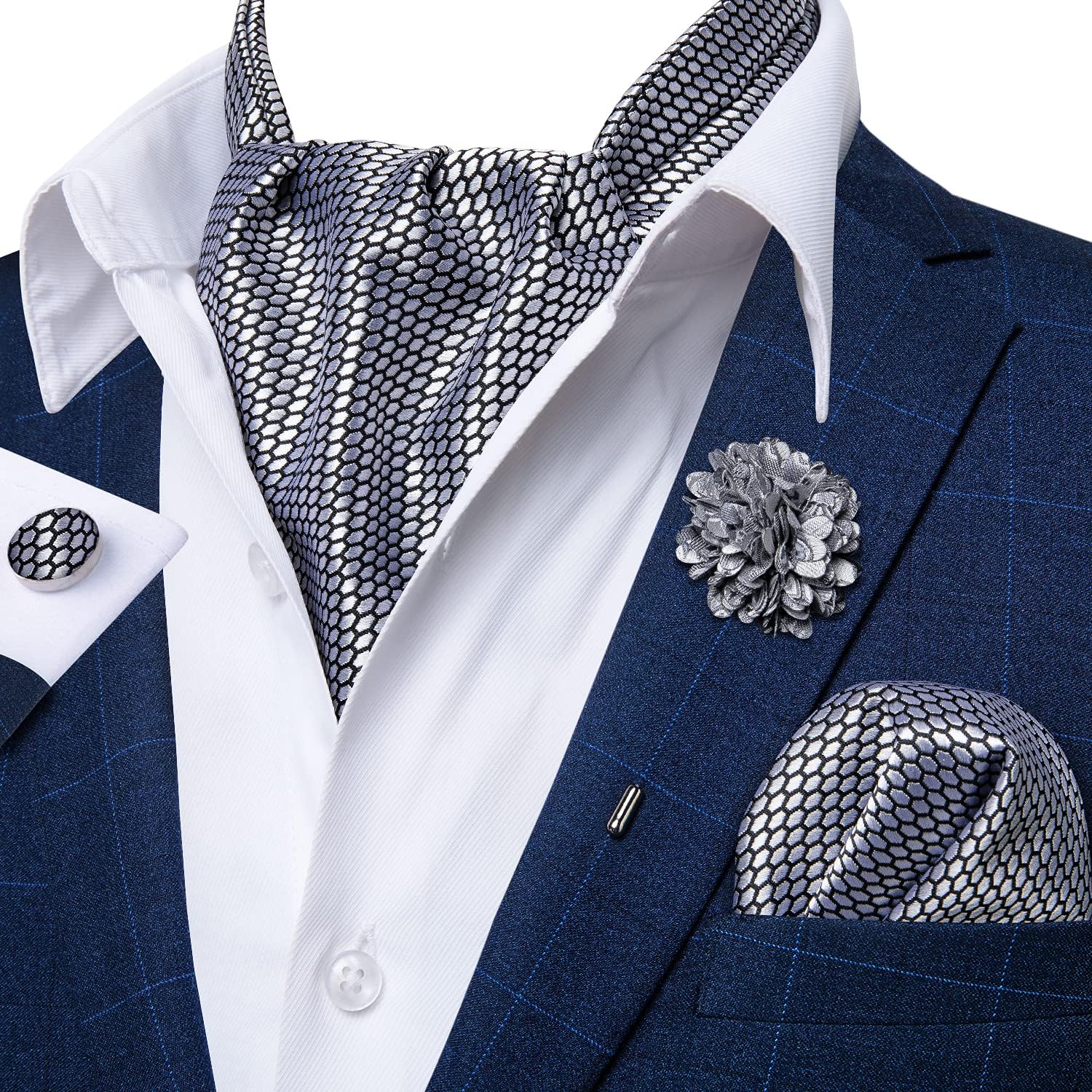 DiBanGu Mens Silk Ascot Ties Paisley Jacquard Woven Cravat and Pocket Square Cufflinks with Lapel Pin for Business Wedding - Image 2