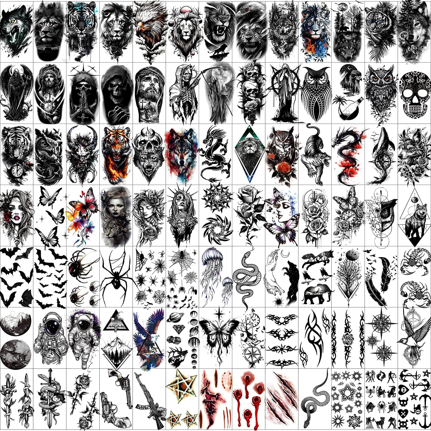 Hotoyannia 72 Sheets Halloween Tiny Temporary Tattoos Stickers, Fake Tattoos That Look Real And Last Long, Halloween Tattoos Include Black Scary Wolf Lion Tiger Skeleton Skull Tattoos