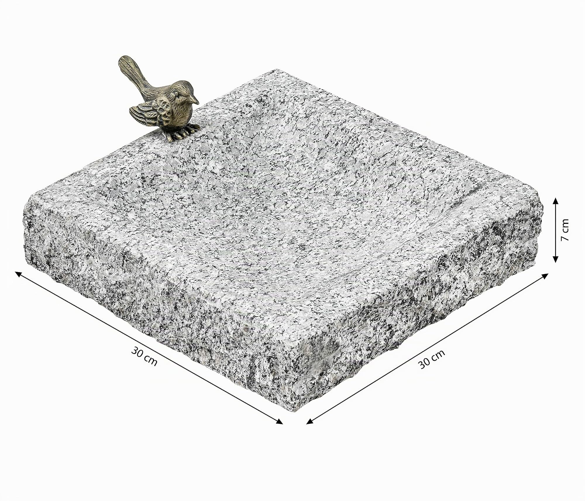 Dehner Vogeltränke eckig, mit Bronze-Vogel, 30 x 30 x 7 cm, Granit, grau