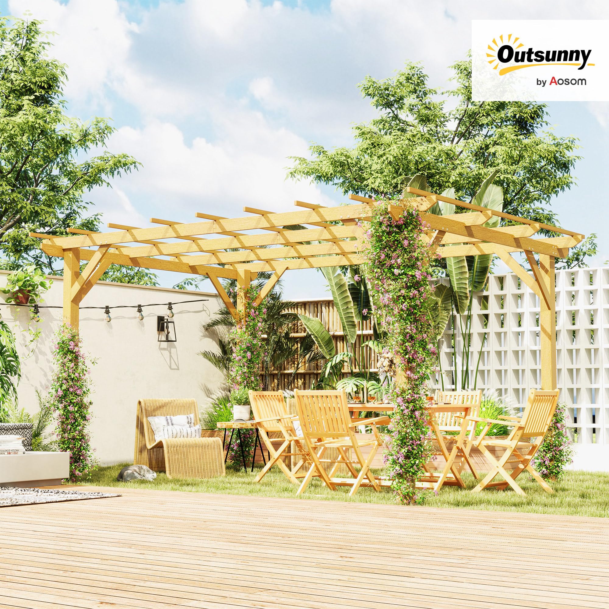 Outsunny Pergola Jardin Exterieur 3 x 4 m Pergola en Bois Naturel