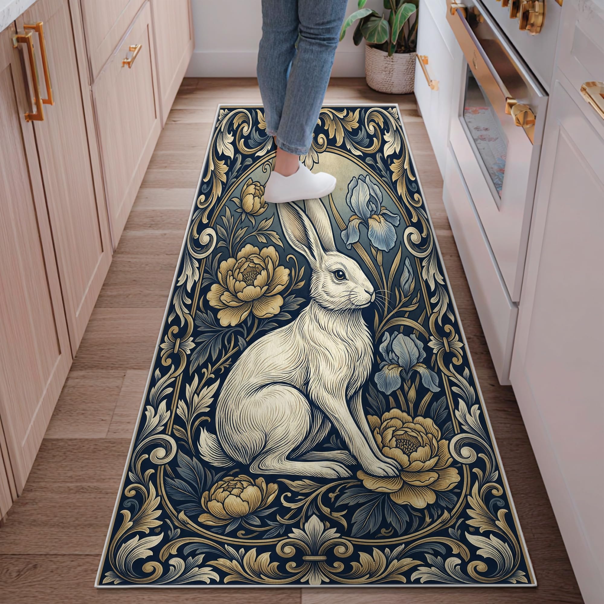 Tapis de couloir printemps pivoine iris bleu marine pour embellir votre entrée de maison