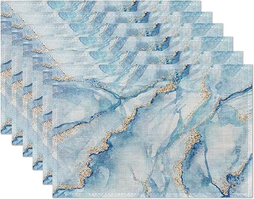 Juego de 6 manteles individuales de mármol, color azul y dorado, elegantes manteles individuales de mármol, resistentes al calor, lavables,