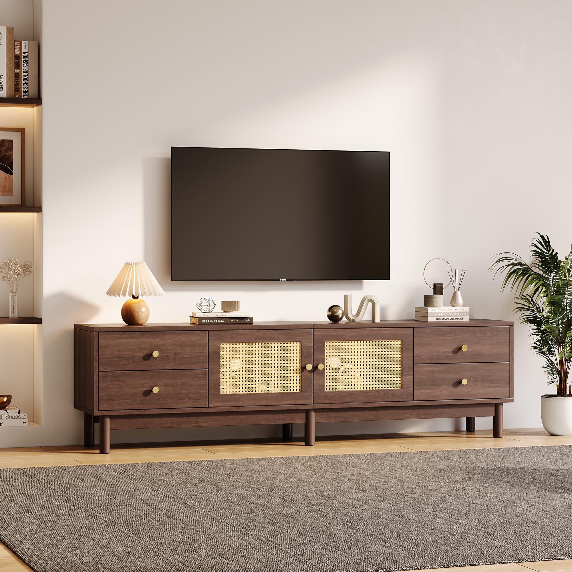 Rattan-TV-Lowboard mit 4 Schubladen & 2 Türen, Dunkelbraun, 180 cm