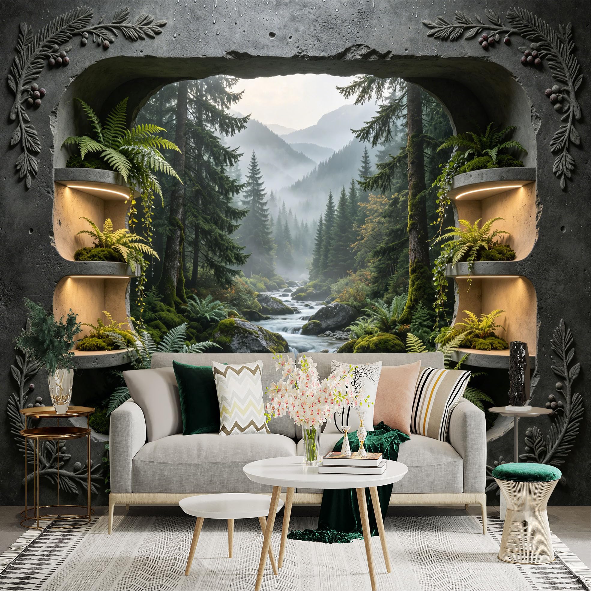Custom Size Wall Sticker Mural， Forest River with Mountains， Ferns and Moss， for wall Decoration， peelandstick wall Decals.