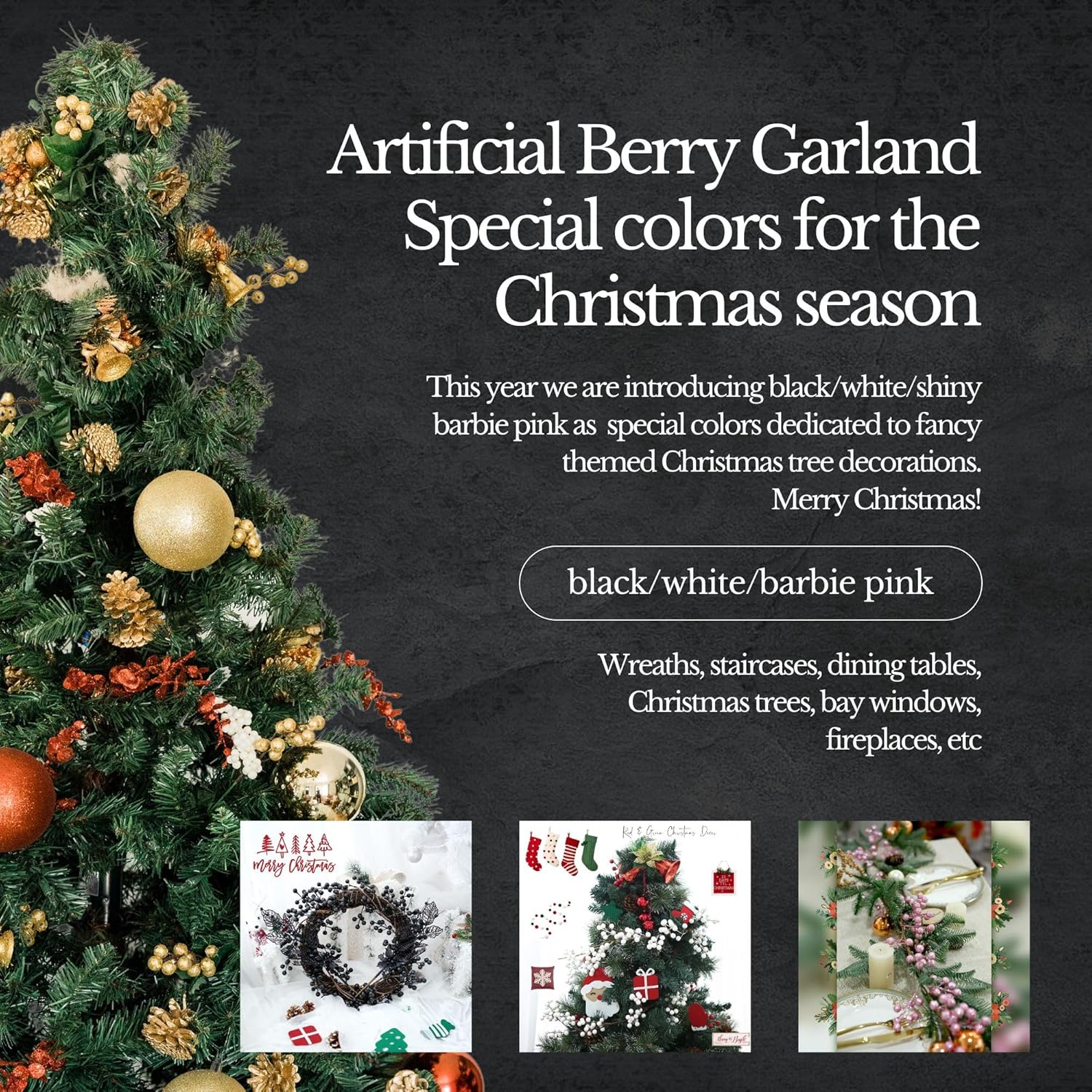 Color White Greentime Christmas White Berry Garland, Fake White Berry for Indoor Outdoor Home Decoration for Winter Christmas Holiday Decor for Fall Halloween