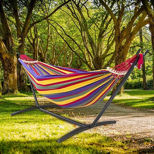 Miniatura 12 de SZHLUX Hamaca doble con soporte incluido, soporte de acero de capacidad de 450 libras, bolsa de transporte premium incluida y dos vigas de Café