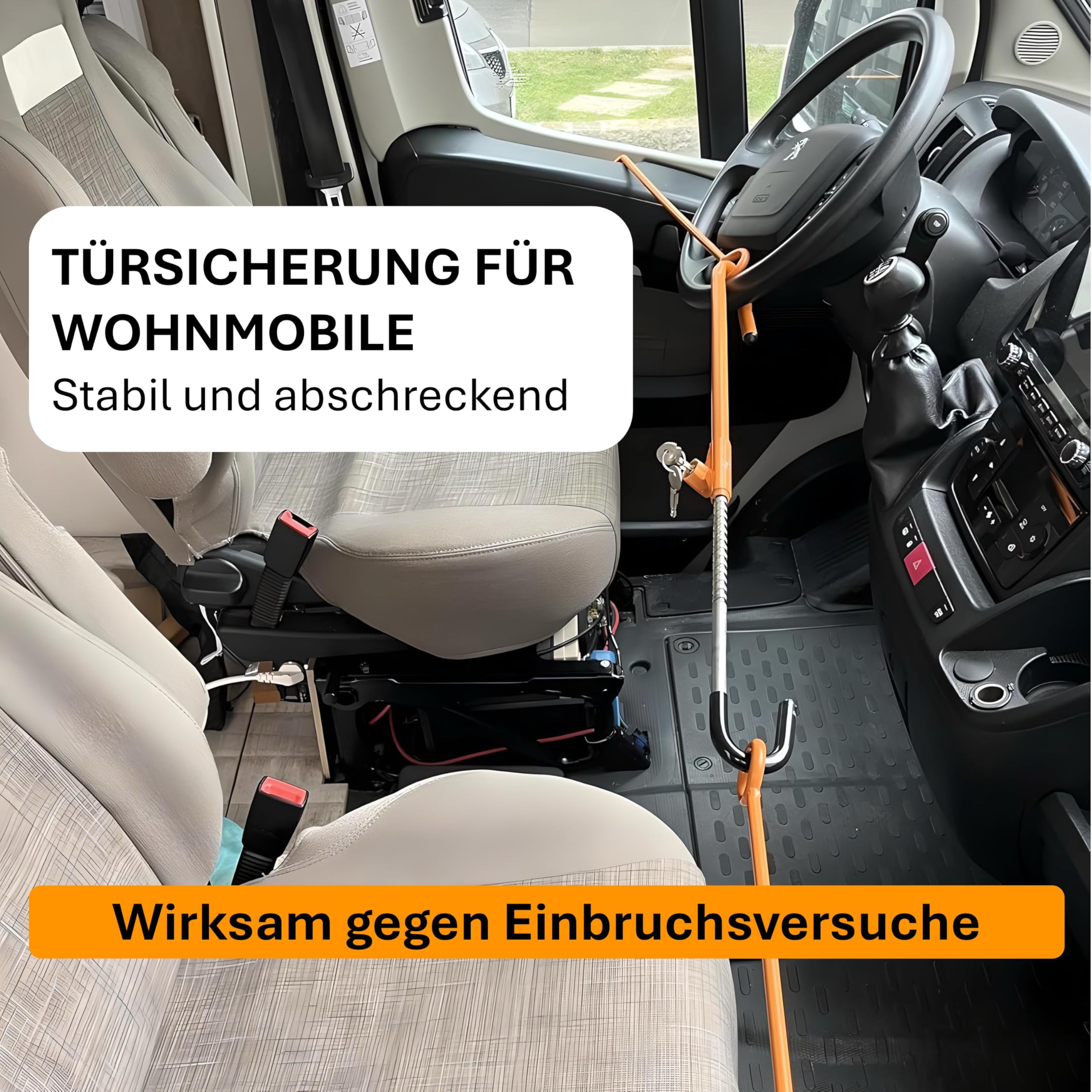 Türsicherung Wohnmobil Fahrerhaus – Stahlbügel für Fahrer- & Beifahrertür, abschließbar, werkzeuglos, 150–180 cm – passend für Ducato/Boxer/Jumper bis 2022/2024 & VW T5/T6