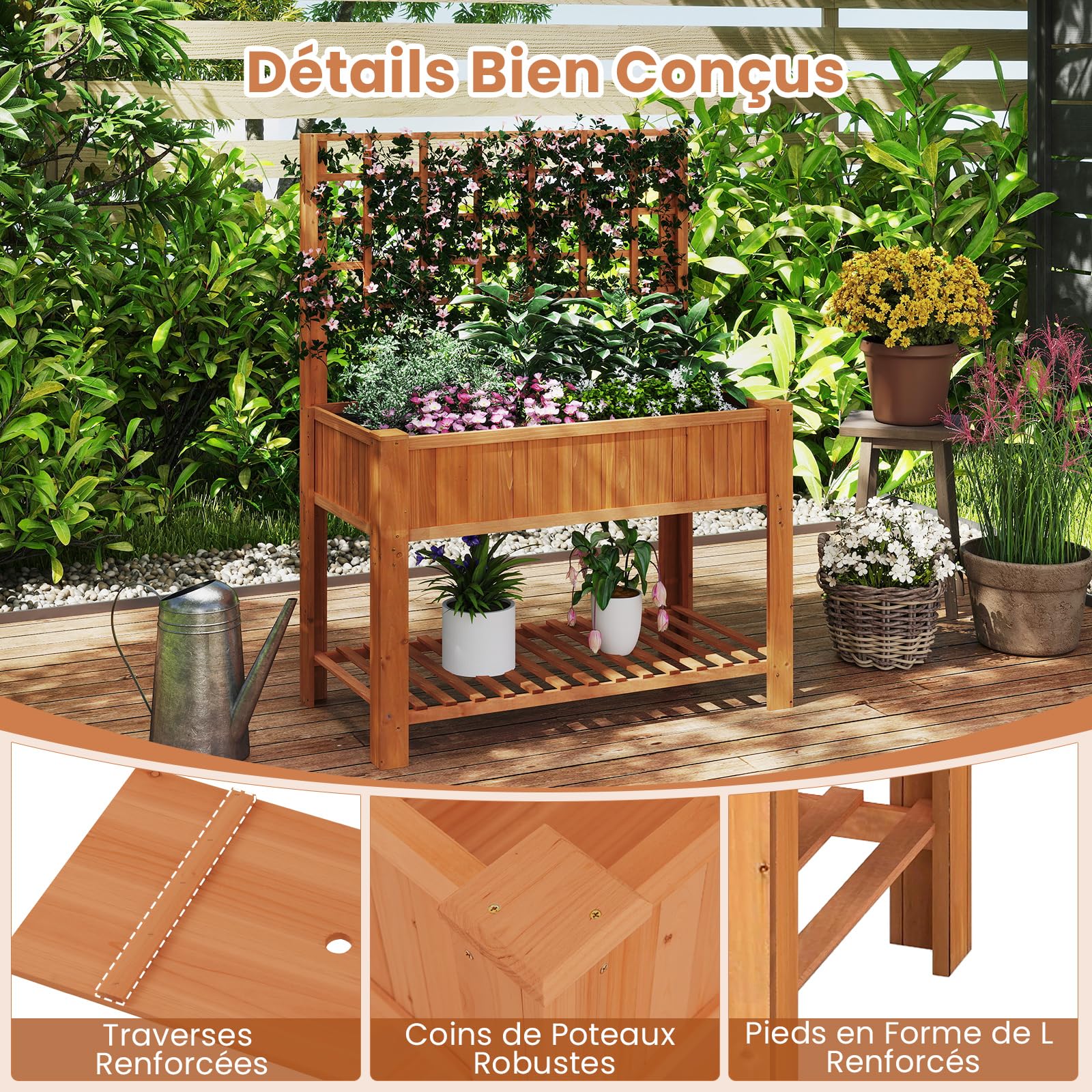 RELAX4LIFE Jardiniere sur Pieds avec Treillis, Jardiniere Treillis en Bois, Carre Potager sur Pied, Étagère Inférieure pour Outils, Trou de Drainage, Fond Amovible, pour FleursLégume Herbe (Marron)