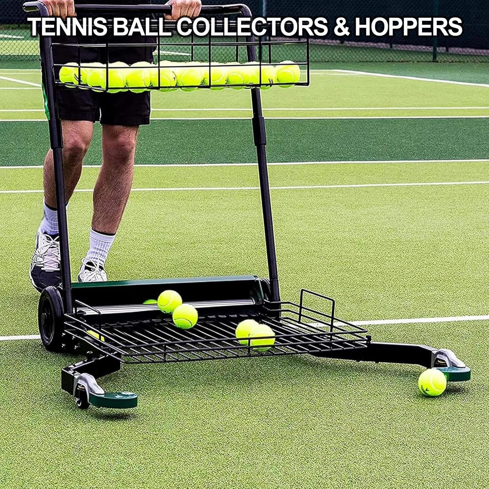 Carrello per raccogliere palline da tennis e tramogge, facile da collezionare, può contenere fino a 290 palline, con ruota girevole a 360° per una manutenzione efficiente del campo