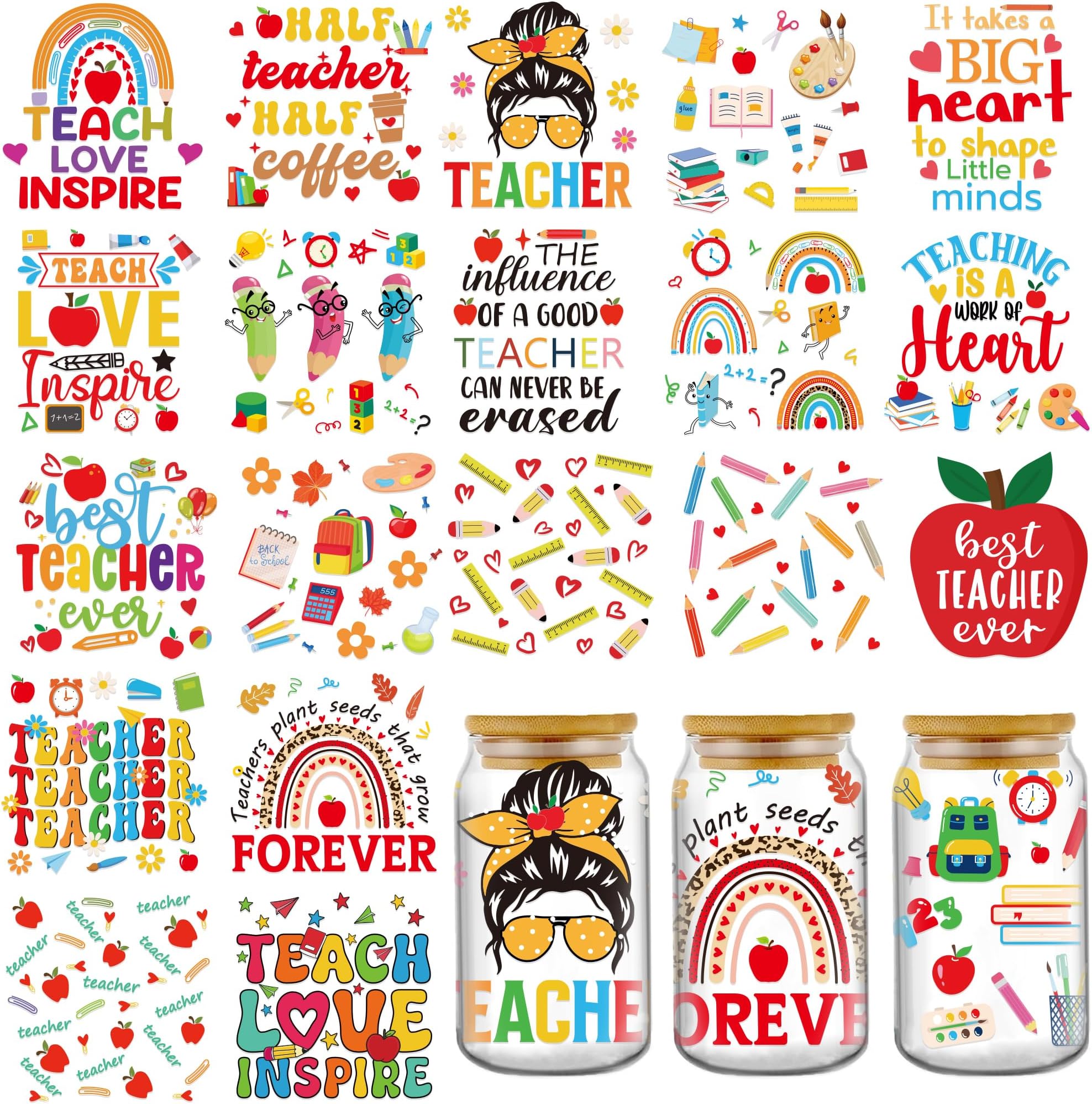 AFRITEE UV DTF Cup Wrap Stickers - 20 Sheets Teacher Appreciation UV DTF Cup Wraps for 16 20 40 oz Glass Water Bottle, Inspirational Book Thank You Teacher Gift Uvdtf Transfer Stickers for Coffee Mugs