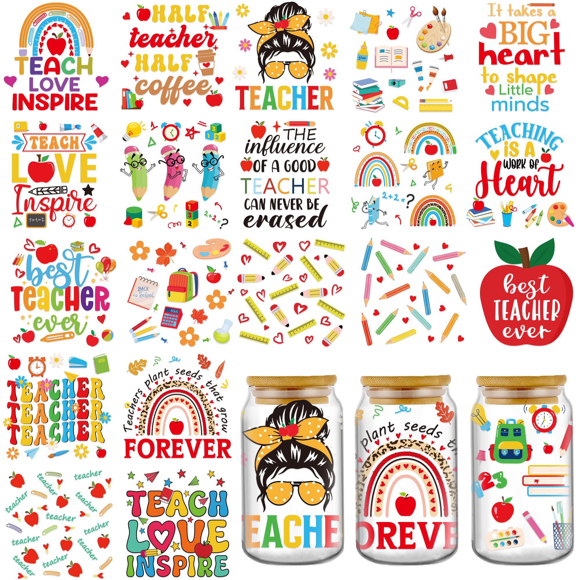 AFRITEE UV DTF Cup Wrap Stickers - 20 Sheets Teacher Appreciation UV DTF Cup Wraps for 16 20 40 oz Glass Water Bottle, Inspirational Book Thank You Teacher Gift Uvdtf Transfer Stickers for Coffee Mugs
