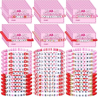 Ferreve 120 Pcs Valentines Day Bracelets with Cards 60 Set Valentines Exchange Gifts Friendship Stackable Stretch Beaded Clay Bracelets Bulk for Lovers Friends Party Favors