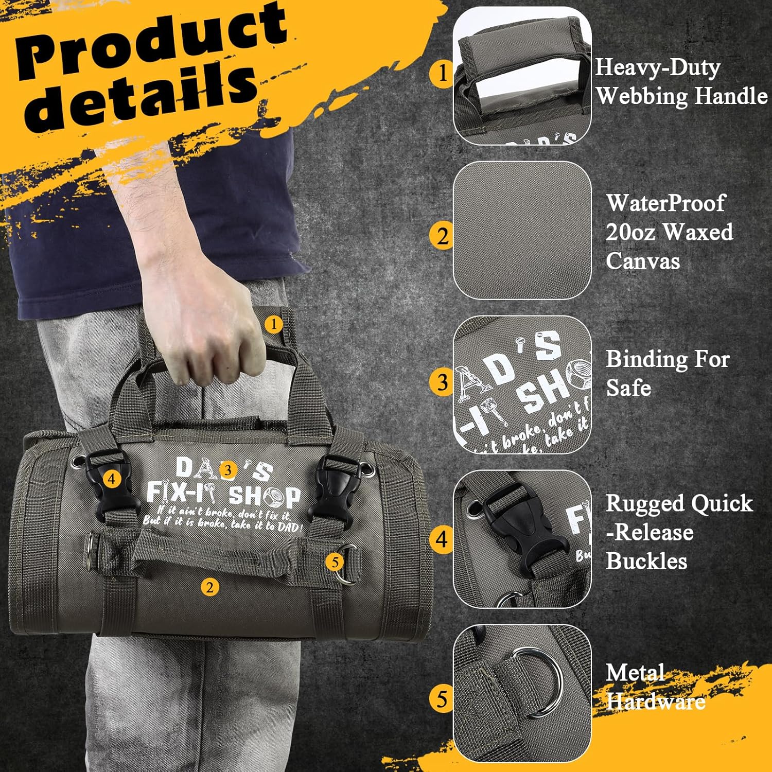 Sweetude Roll up Tool Bag and Kraft Paper Box Set for Dad Christmas Gifts Heavy Duty Portable Tool Bag with Shoulder Strap and 2 Detachable Pockets Survival Kit Mens Gifts for Him(Gray)