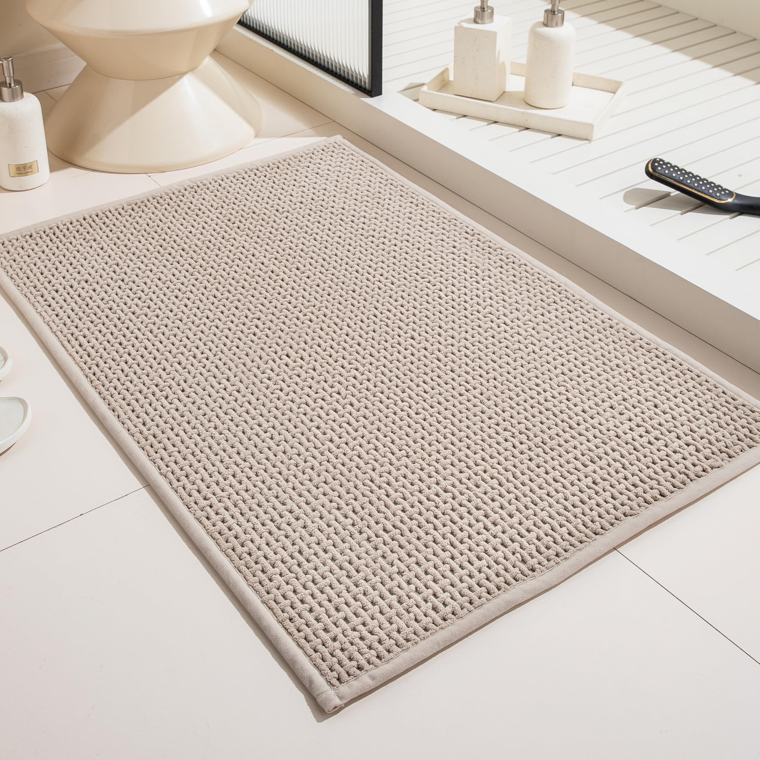 WARM HAVEN Bath Mat Shower Rug for Bathroom – 36x24 Machine Washable & Quick Dry Plush Floor Mat, Soft & Absorbent & Non Slip Chenille Boho Small Bathmat, Beige