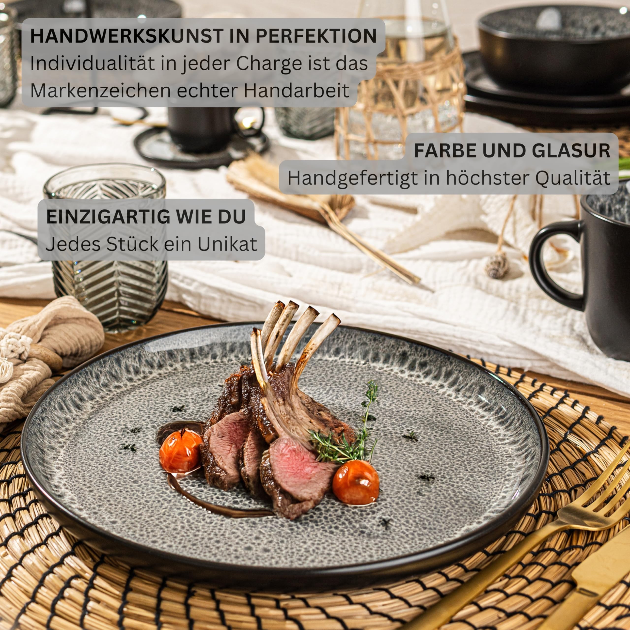 SÄNGER Sydney - Vajilla de loza para 6 personas, 6 platos planos, 6 cuencos para cereales, 6 platos de postre, juego de mesa gris oscuro resistente a los arañazos, value Collection