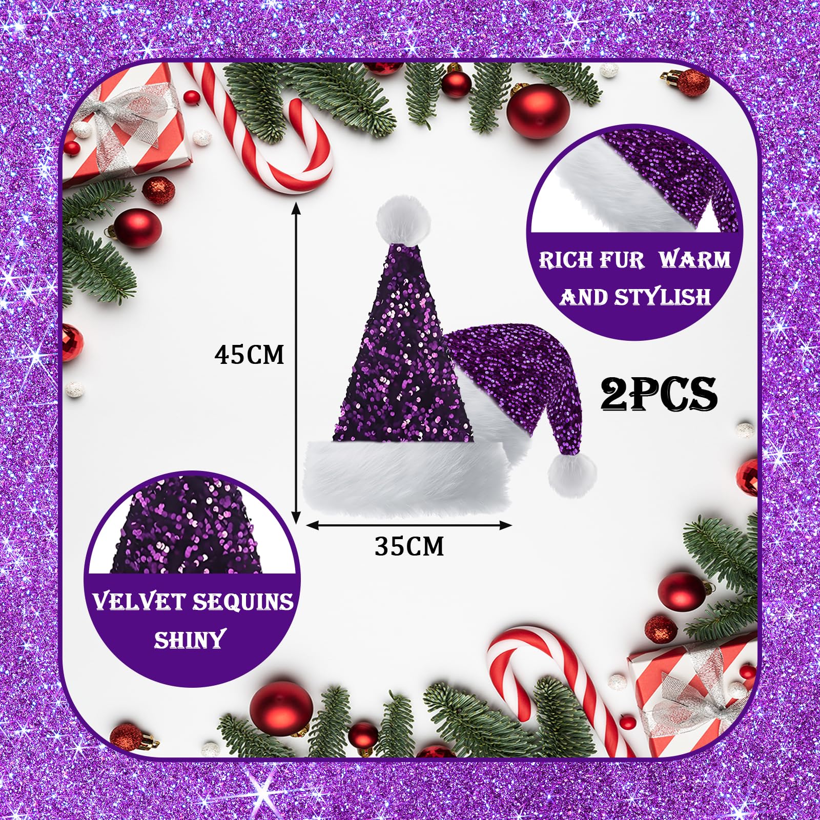 Purple Santa Hat Sparkly Christmas Hats for Adults,Kids,Father Christmas Hat Santa Costume,Sequin Xmas Hat Plush Luxury Santa Claus Hat,Christmas Party Hat Cap for Men Women Xmas Holiday New Year - Image 2