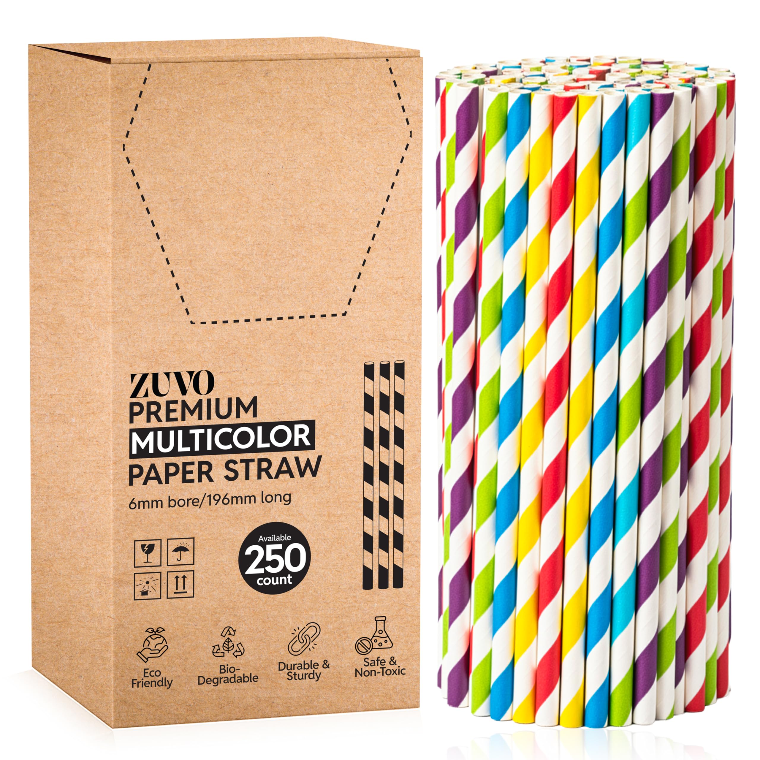 ZUVO – Disposable Paper Drinking Straws (250 Pack | 20cm) | Biodegradable Eco-Friendly Striped Straws | Sturdy Multi-Layer Smoothie, Cocktail, Milkshake & Party Straws, Rainbow