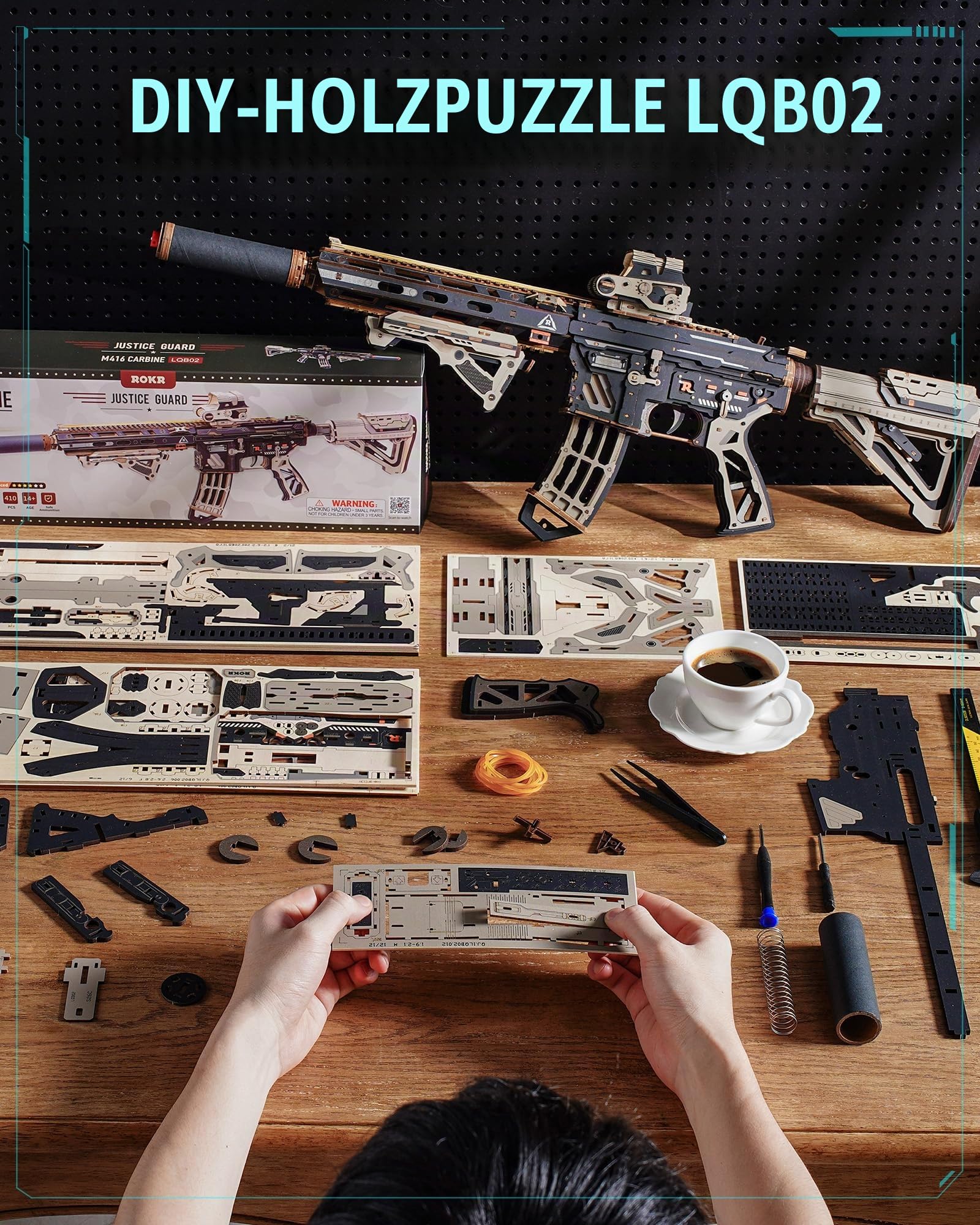 ROKR M416 3D Mechanisches Launcher Modell Bauset für Erwachsene 410 Teile Tactical Style DIY Holz Puzzle Interaktives Elastikband Action Spielzeug Geschenk für Männer LQB02
