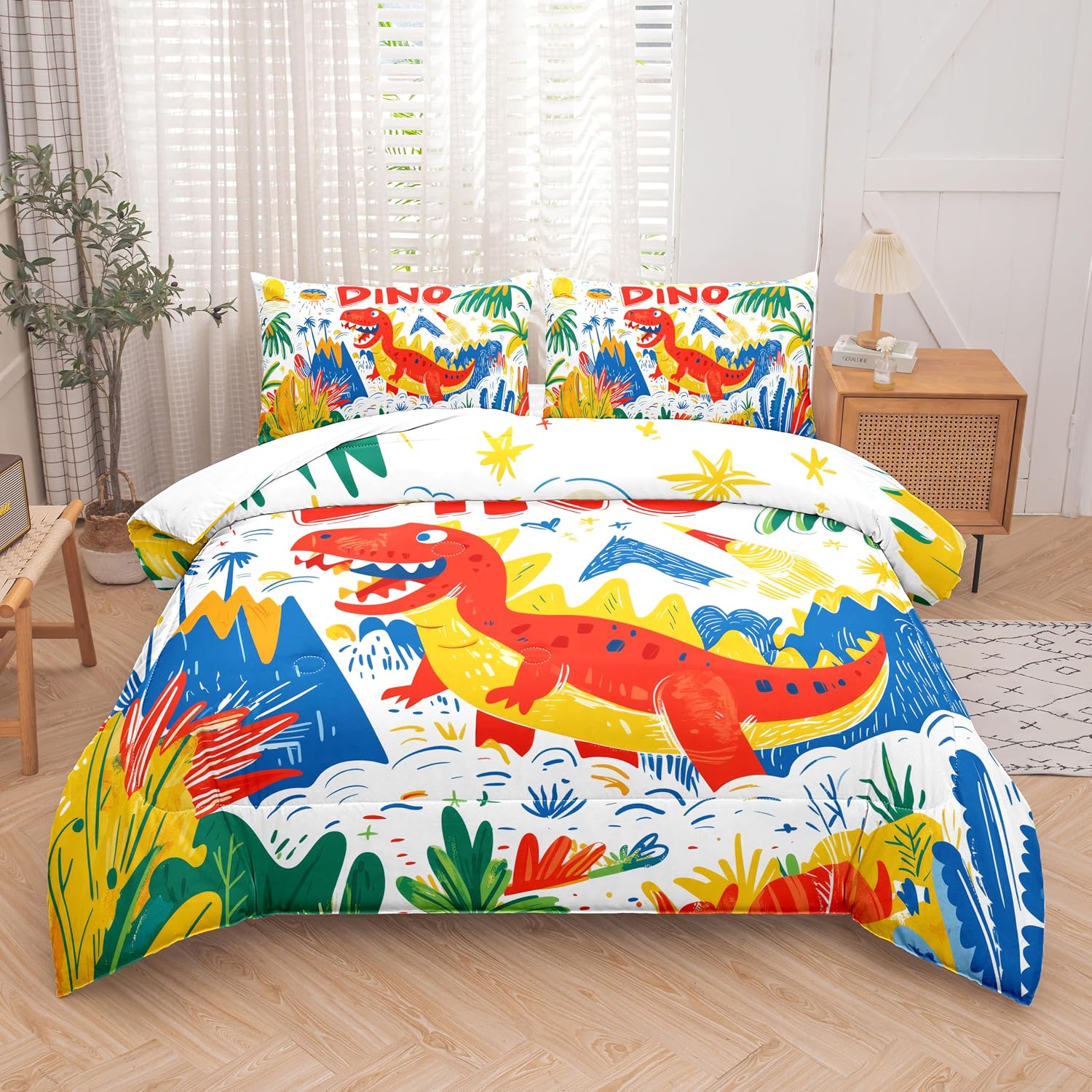 Helloosun 5PCS Dinosaur Comforter Sets Twin,Cartoon Dinosaur Bedding Sets for Kids,Colourful Toddler Comforter Twin